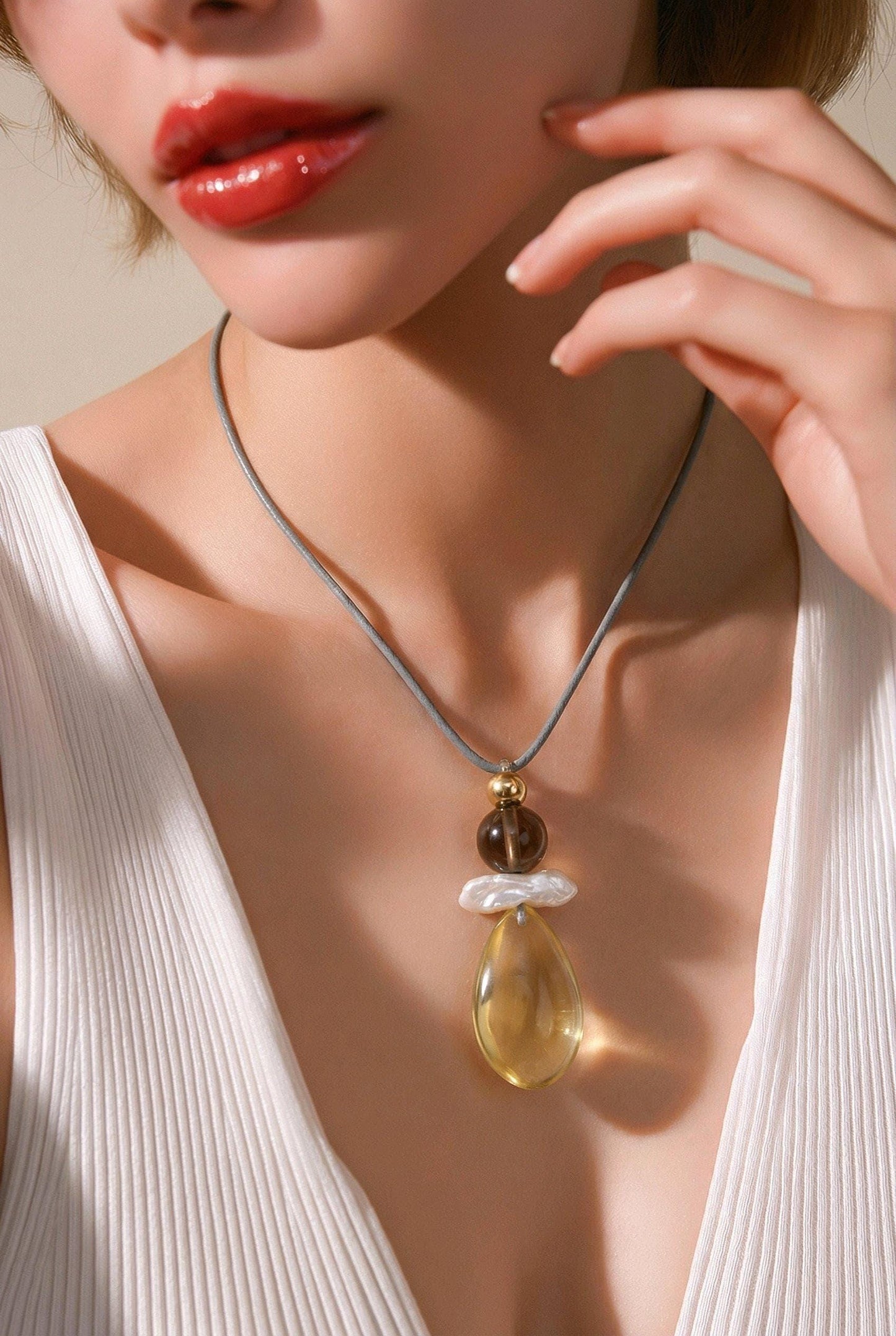 Natural citrine necklace, pearl, smoky quartz pendant jewelry, adjustable real leather cord up to 30 inches, chunky quartz jewelry