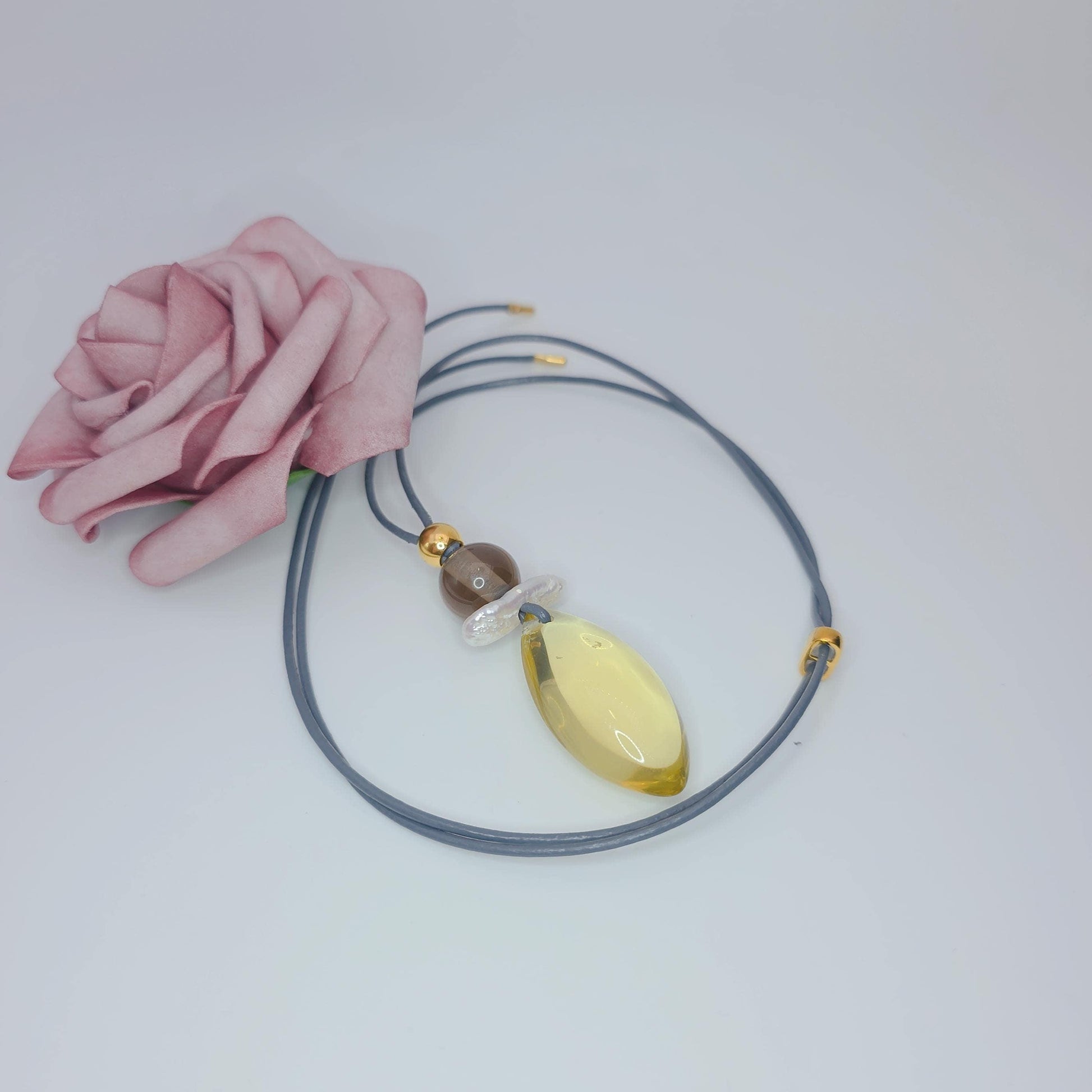 Natural citrine necklace, pearl, smoky quartz pendant jewelry, adjustable real leather cord up to 30 inches, chunky quartz jewelry