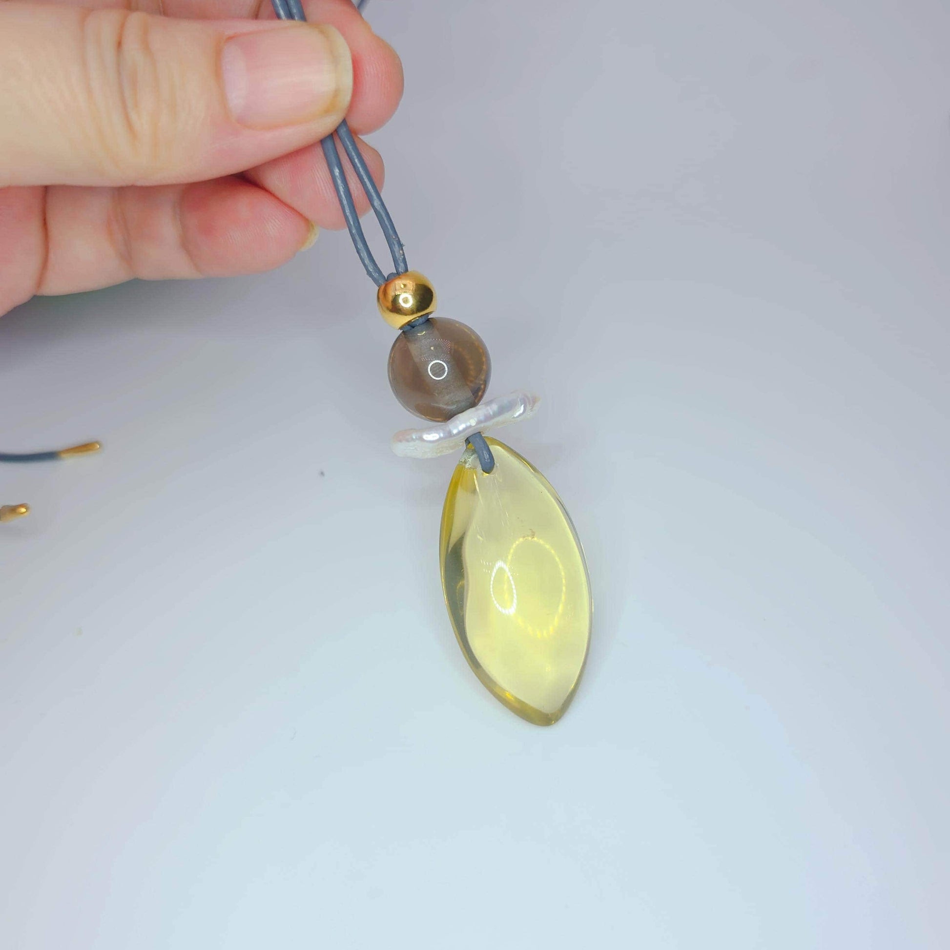 Natural citrine necklace, pearl, smoky quartz pendant jewelry, adjustable real leather cord up to 30 inches, chunky quartz jewelry