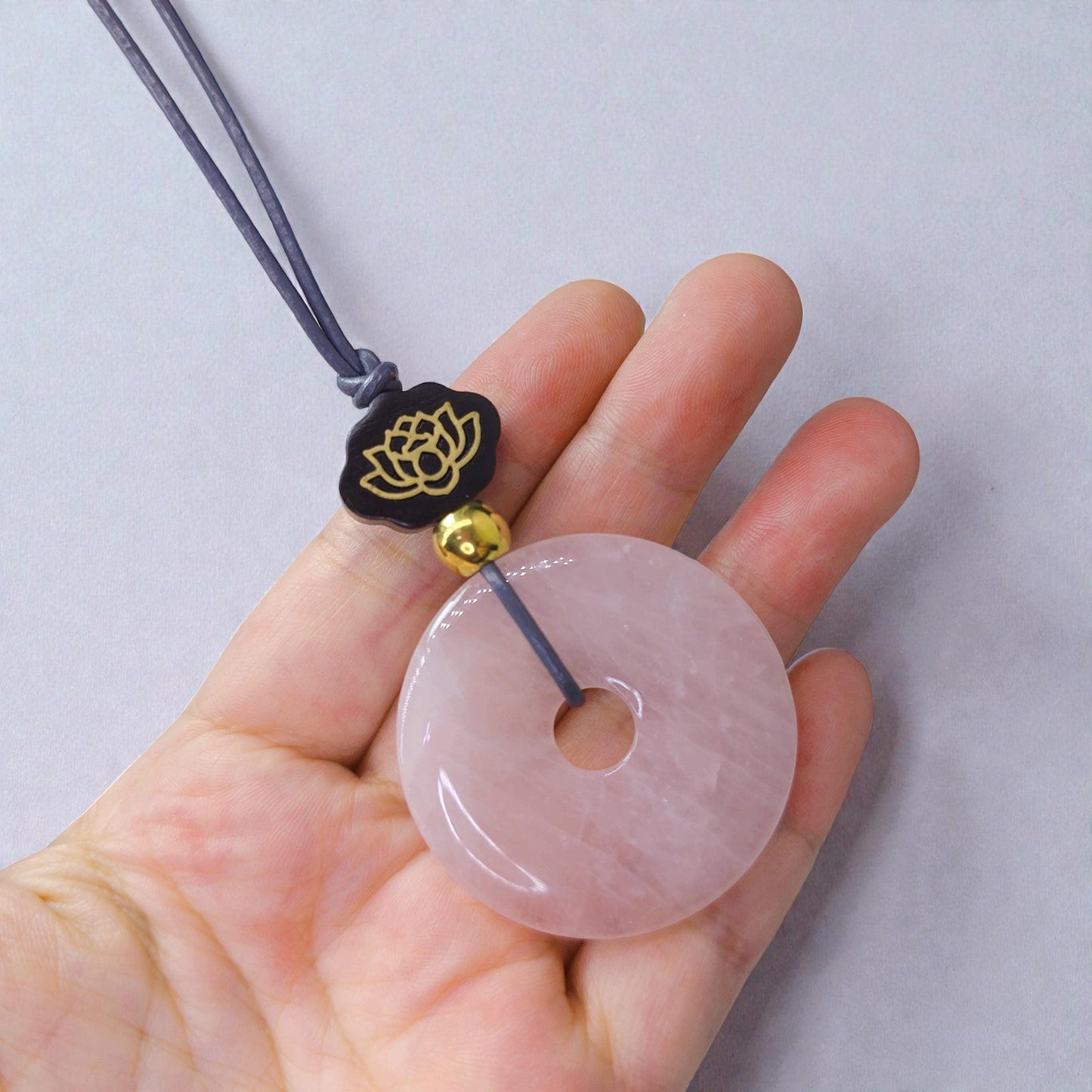 Rose Quartz Necklace Lotus Sandalwood Pendant Natural Crystal Chunky Peace Buckle Jewelry for Women Men Gift Adjustable Leather Cord