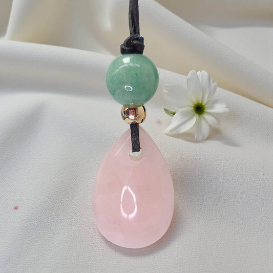 Rose Quartz Necklace Natural Aventurine Crystal Healing Jewelry for Her Unique Chunky Teardrop Pendant with Adjustable Vegan Cord