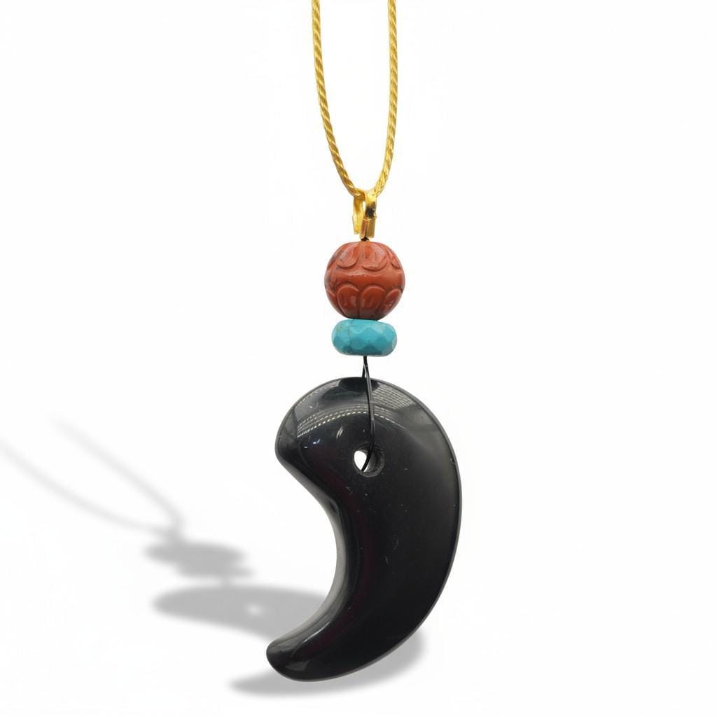 Black Obsidian Crescent Pendant Necklace, Red Jasper Turquoise Beads, Adjustable Gold Cord, Protection Amulet, chunky stone jewelry #2327
