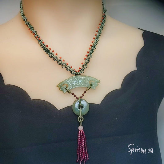 Green Jadeite Dragon Totem Necklace: Sterling Silver Archaistic Jewelry