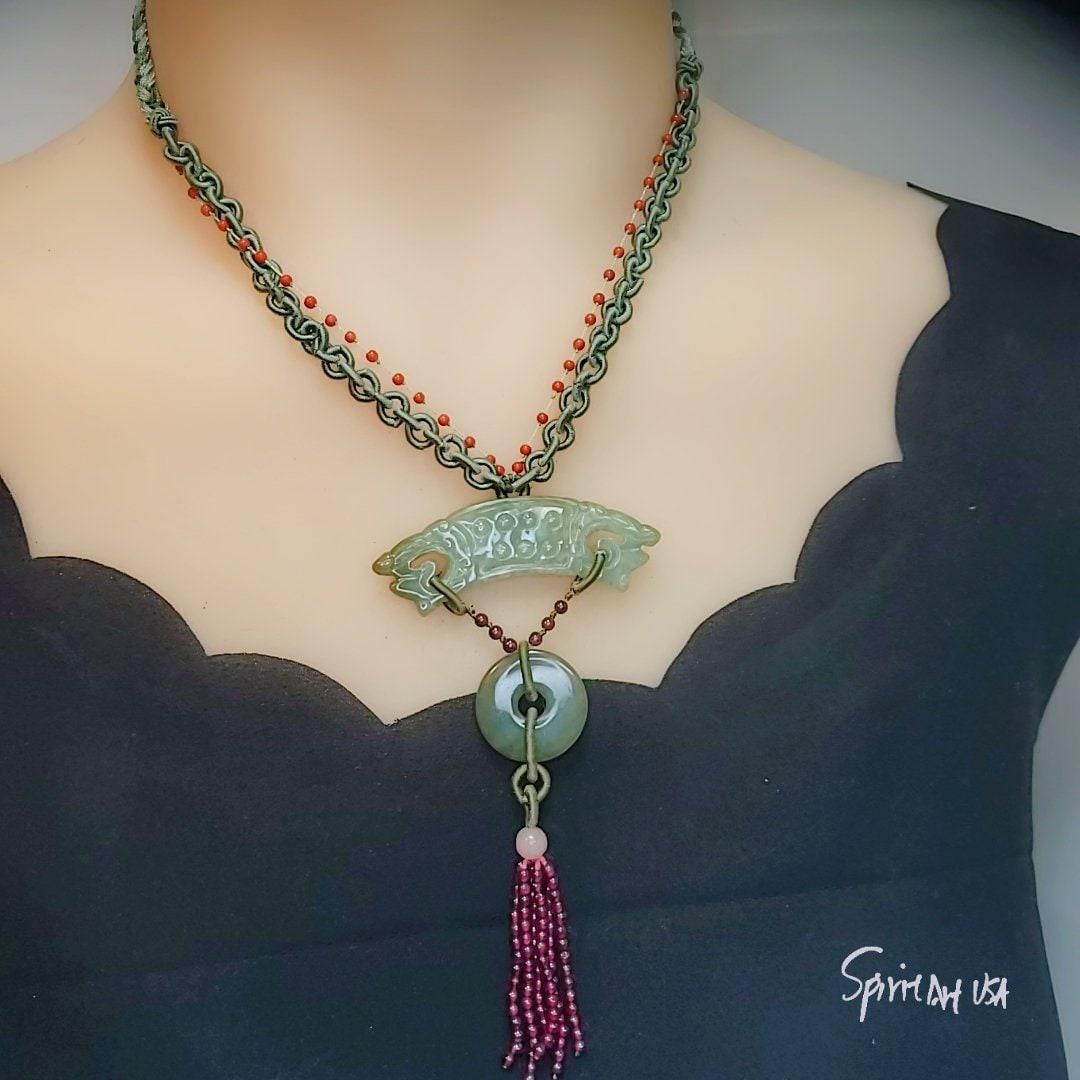 Jade Necklace, Green Jadeite Dragon Totem Jewelry : Sterling Silver Archaistic Jewelry , Chunky Stone Spiritual Gift