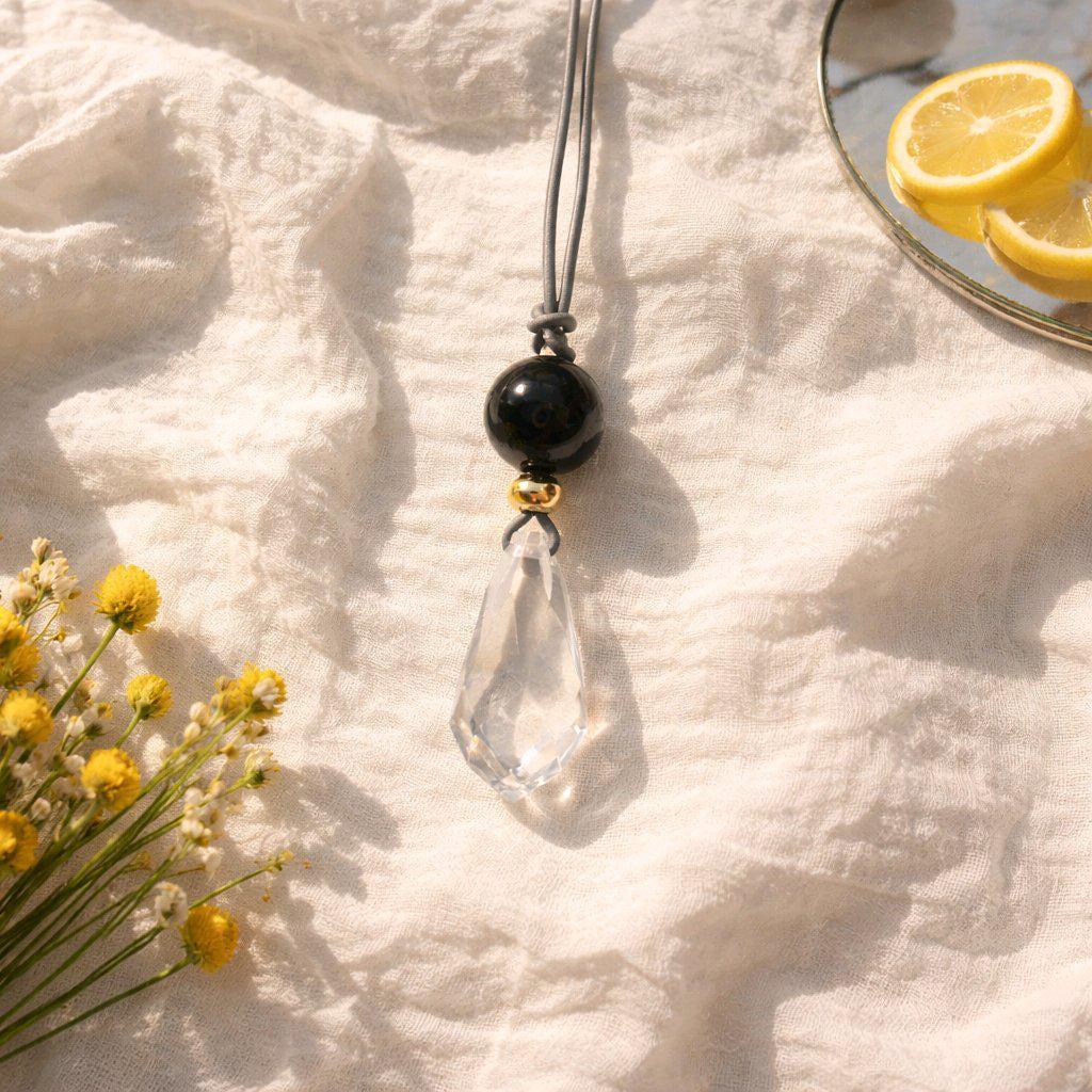 Chunky Natural Clear Quartz Necklace Genuine Obsidian Pendant Protective Energetic Crystal Healing jewelry 30" Adjustable chain