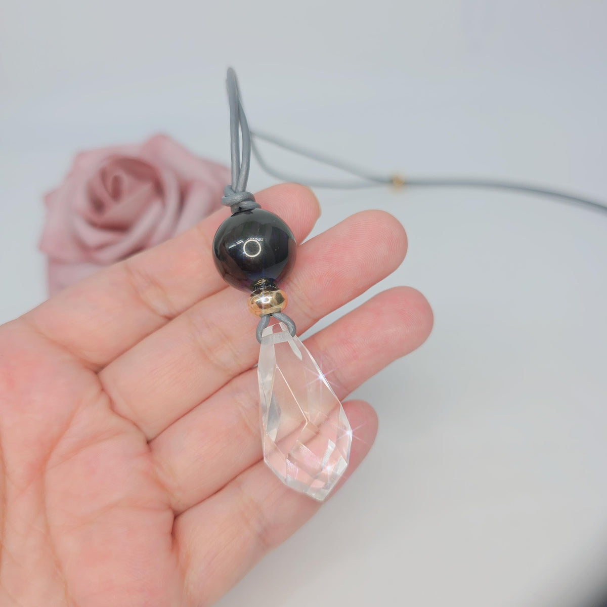 Chunky Natural Clear Quartz Necklace Genuine Obsidian Pendant Protective Energetic Crystal Healing jewelry 30" Adjustable chain