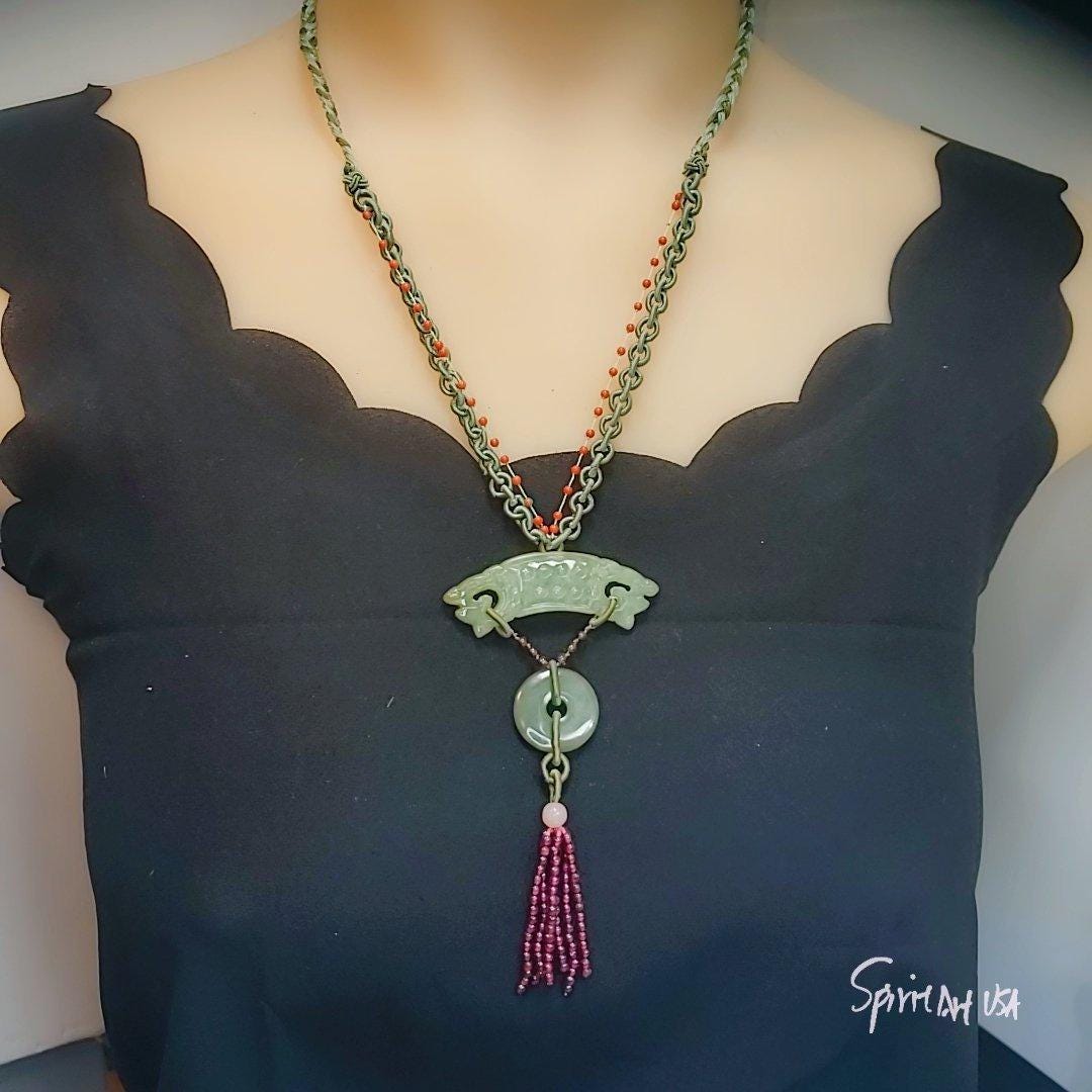 Jade Necklace, Green Jadeite Dragon Totem Jewelry : Sterling Silver Archaistic Jewelry , Chunky Stone Spiritual Gift