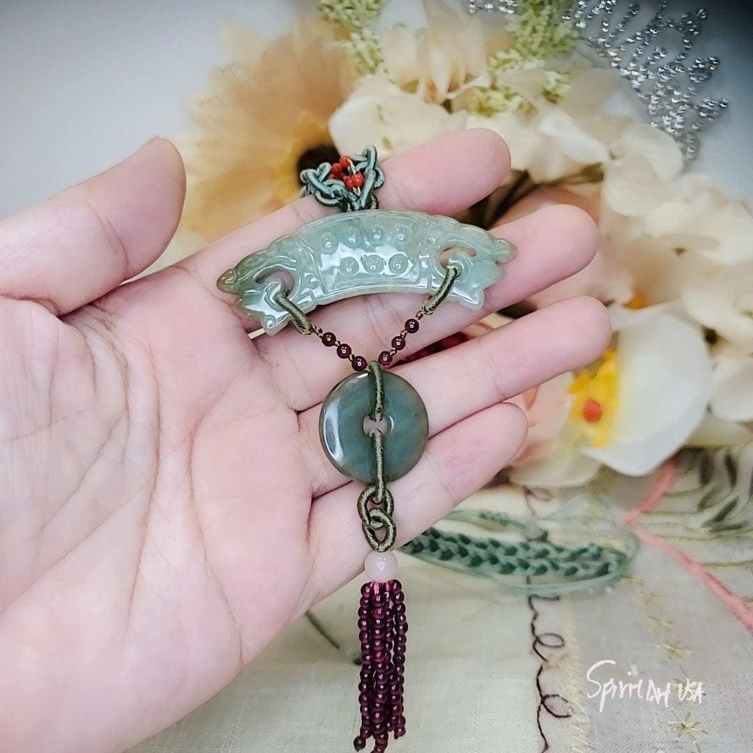 Jade Necklace, Green Jadeite Dragon Totem Jewelry : Sterling Silver Archaistic Jewelry , Chunky Stone Spiritual Gift
