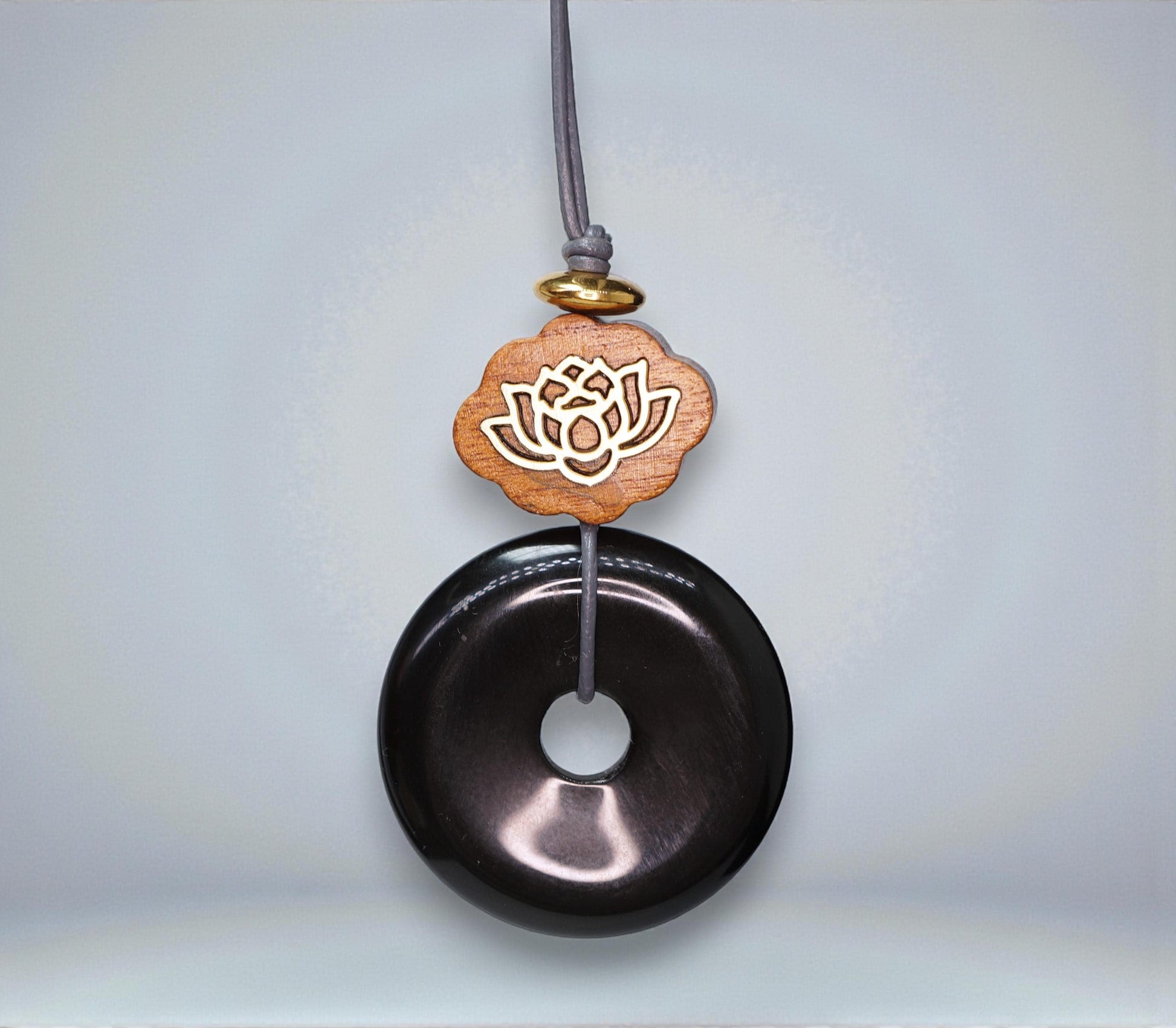 Geometric Black Obsidian Donut Pendant for Protection, Chunky Natural Obsidian Necklace with Sandalwood Lotus, Adjustable cord 24" #2563