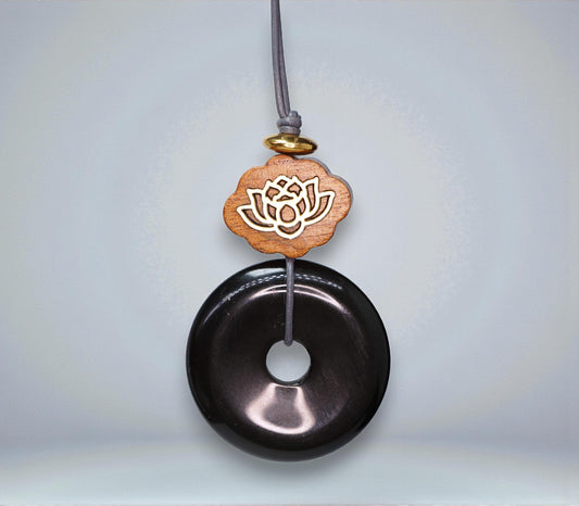 Geometric Black Obsidian Donut Pendant for Protection, Chunky Natural Obsidian Necklace with Sandalwood Lotus, Adjustable cord 24" #2563