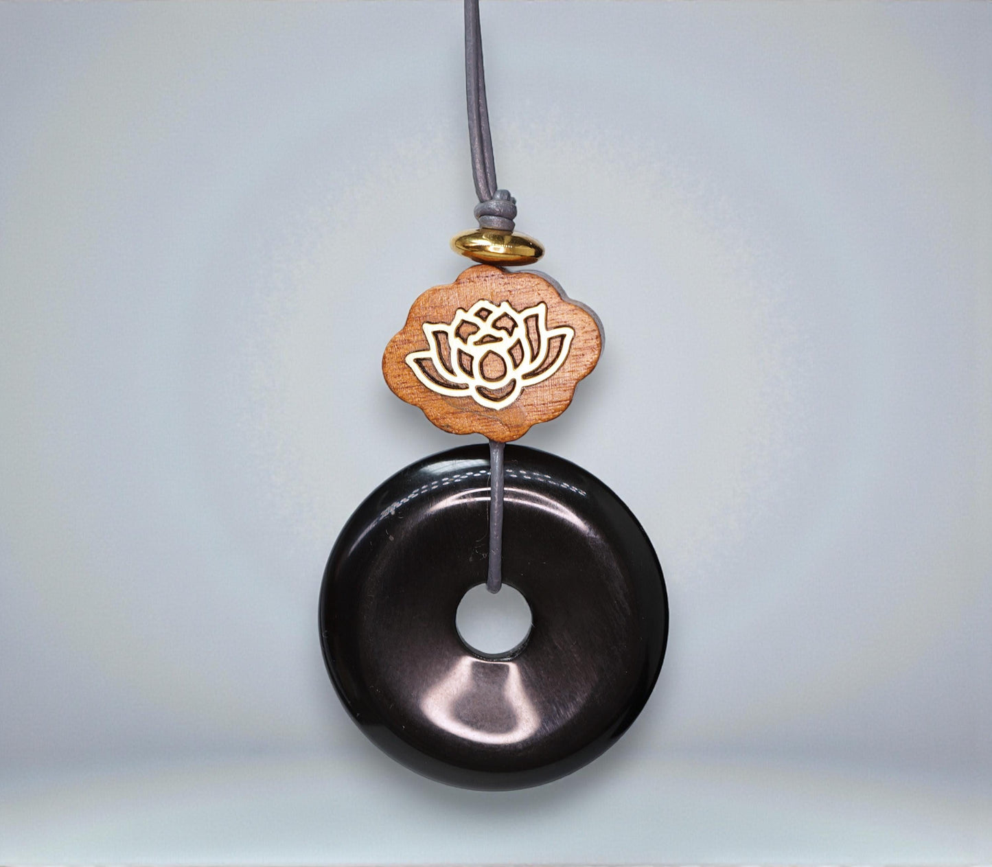Geometric Black Obsidian Donut Pendant for Protection, Chunky Natural Obsidian Necklace with Sandalwood Lotus, Adjustable cord 24" #2563