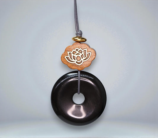 Geometric Black Obsidian Donut Pendant for Protection, Chunky Natural Obsidian Necklace with Sandalwood Lotus, Adjustable cord 24" #2563