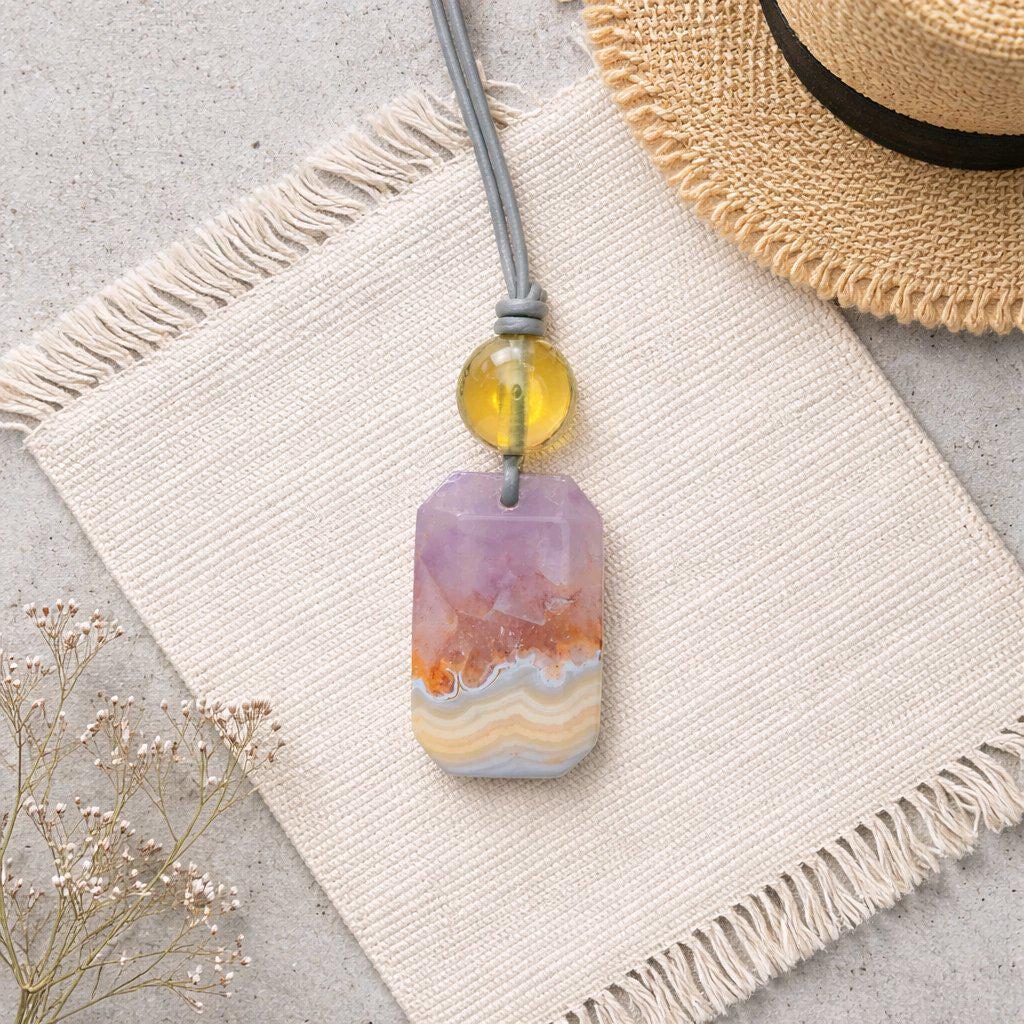 Chevron Amethyst Crystal Pendant Necklace, Chunky Geometric Citrine Healing Stone Jewelry, Adjustable Leather Cord