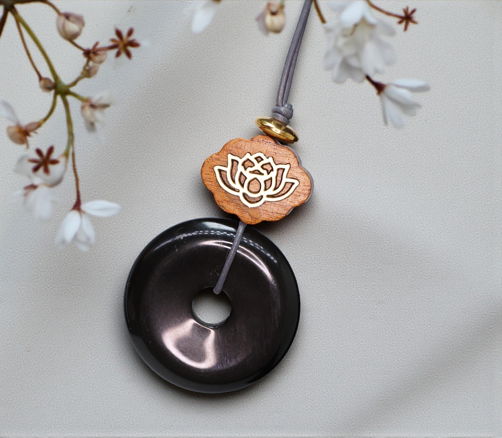 Geometric Black Obsidian Donut Pendant for Protection, Chunky Natural Obsidian Necklace with Sandalwood Lotus, Adjustable cord 24" #2563