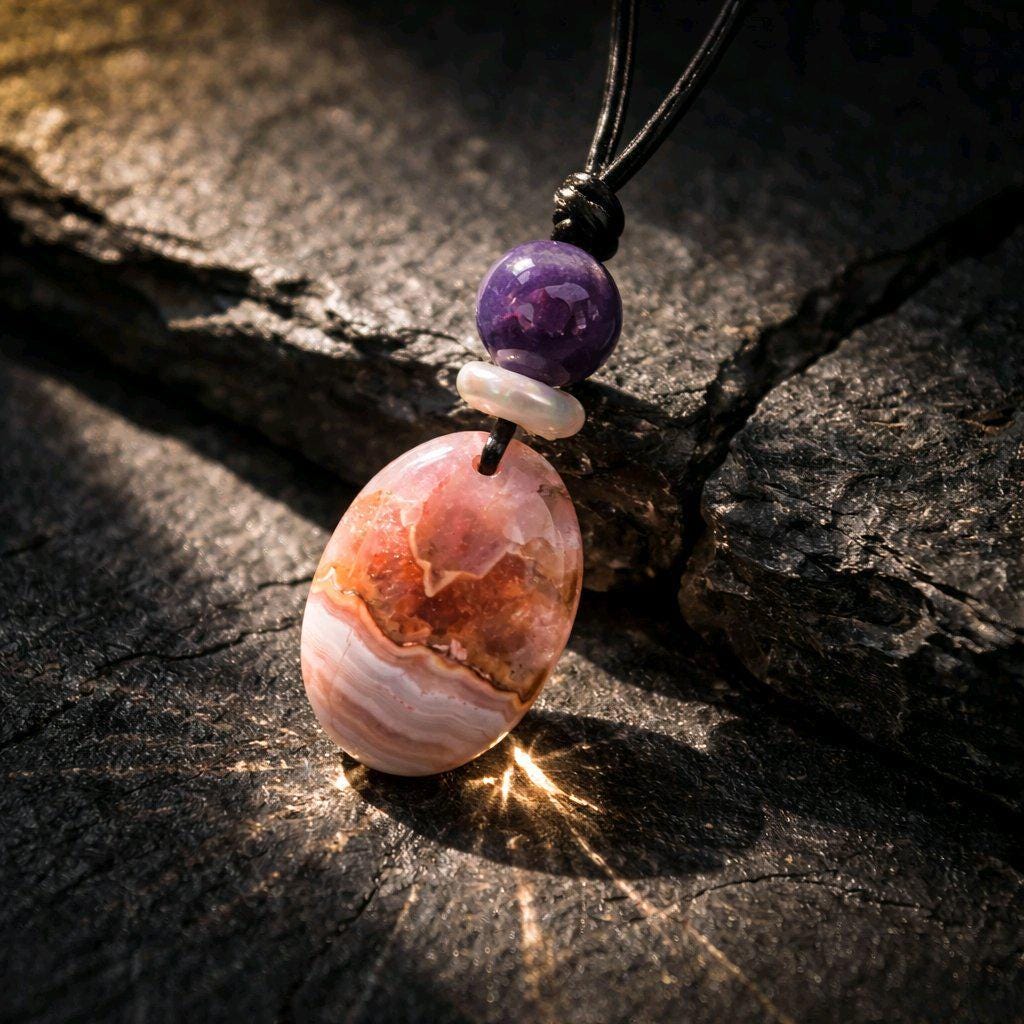 Chevron Amethyst Necklace Crystal Healing Jewelry for Her Unique Chunky Stone Pendant Gift with Adjustable Leather Cord