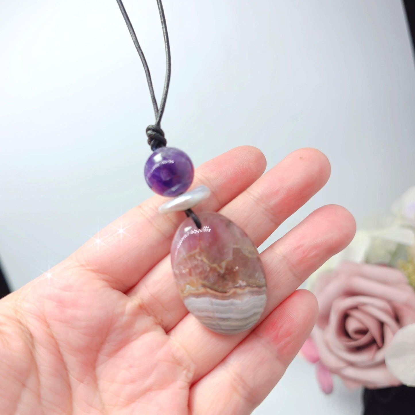Chevron Amethyst Necklace Crystal Healing Jewelry for Her Unique Chunky Stone Pendant Gift with Adjustable Leather Cord