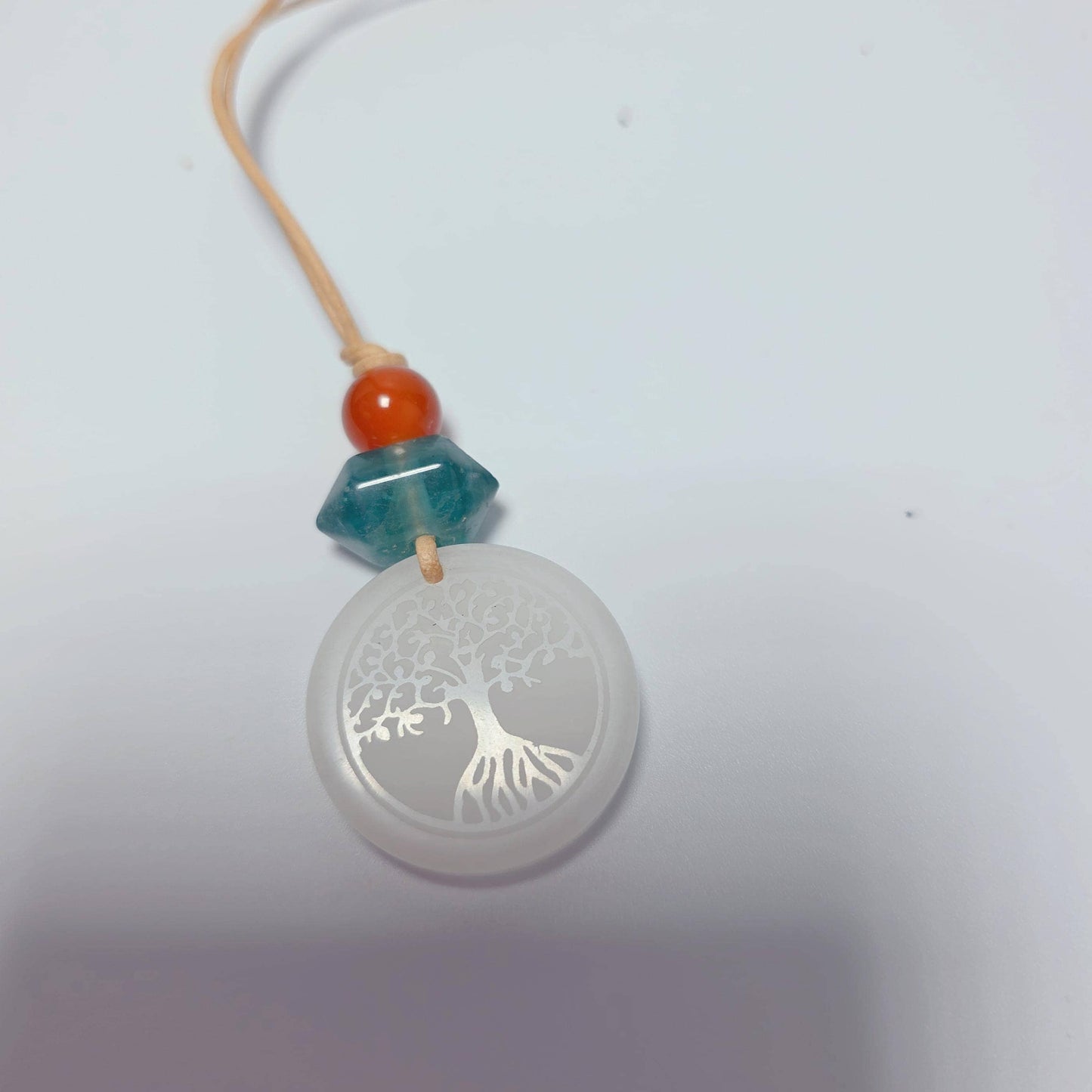 White Agate Necklace, Tree of Life Chunky Crystal Pendant, Fluorite Carnelian Spiritual Jewelry, Zen Gift, adjustable leather cord