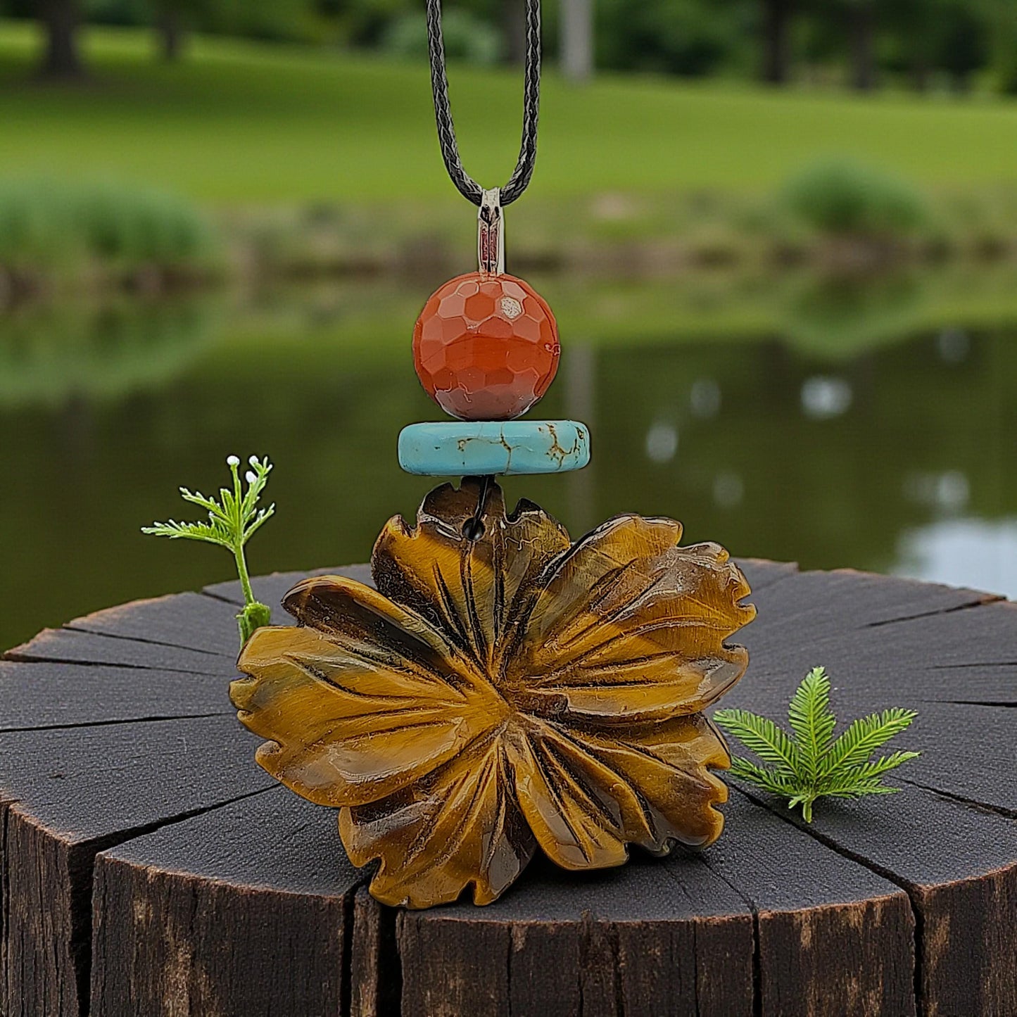 Hand-Carved Tiger's Eye Flower Pendant Necklace, Genuine Turquoise Red Jasper Beads, Adjustable Cord Boho chunky stone jewelry #2331