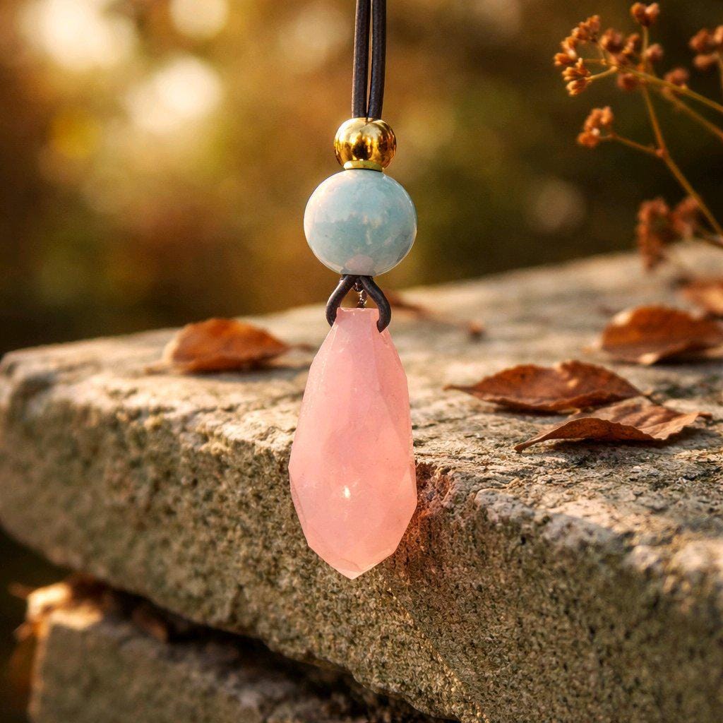 Rose Quartz Faceted Necklace, Chunky Aquamarine Crystal Healing Jewelry, Romantic Love Stone Pendant, Adjustable Leather Cord
