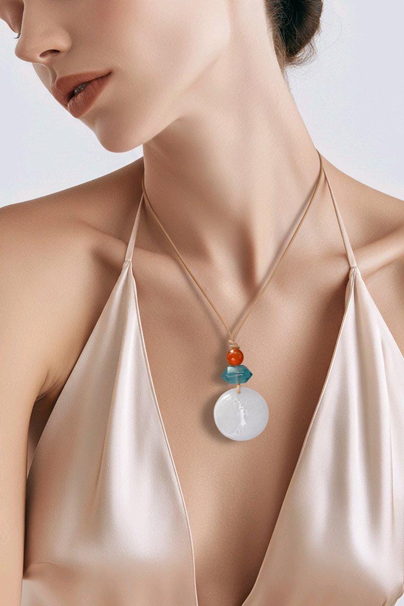 White Agate Necklace, Tree of Life Chunky Crystal Pendant, Fluorite Carnelian Spiritual Jewelry, Zen Gift, adjustable leather cord