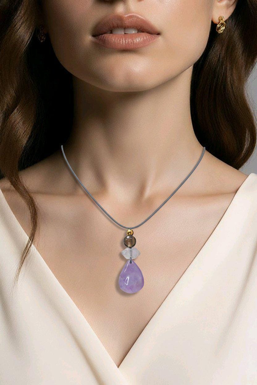 Amethyst Necklace Natural Crystal Chunky Smoky Quartz Pendant for Men Women Spiritual Healing Jewelry Adjustable Leather Cord
