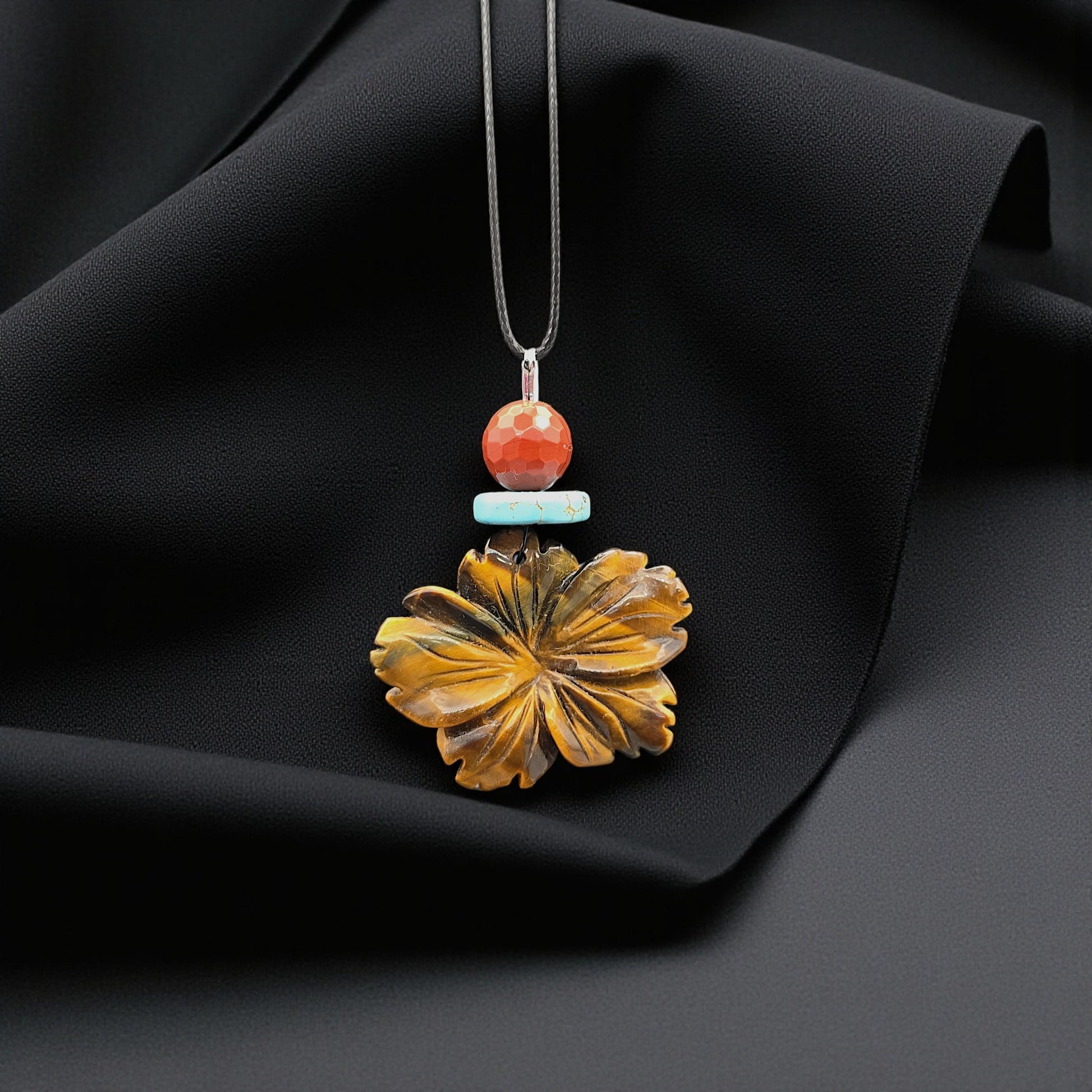 Hand-Carved Tiger's Eye Flower Pendant Necklace, Genuine Turquoise Red Jasper Beads, Adjustable Cord Boho chunky stone jewelry #2331