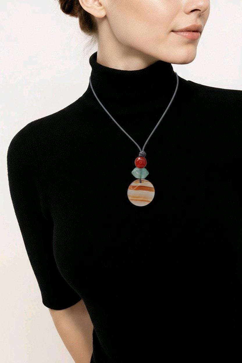 Striped Agate Necklace, Red Carnelian Chunky Geometric Pendant, Fluorite Birthstone Crystal Jewelry, Adjustable Leather Cord