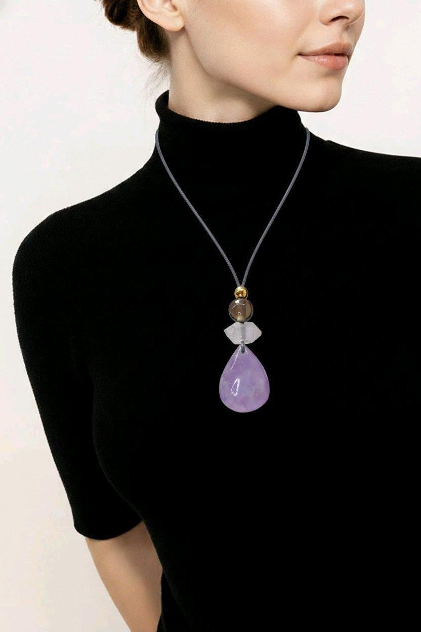 Amethyst Necklace Natural Crystal Chunky Smoky Quartz Pendant for Men Women Spiritual Healing Jewelry Adjustable Leather Cord