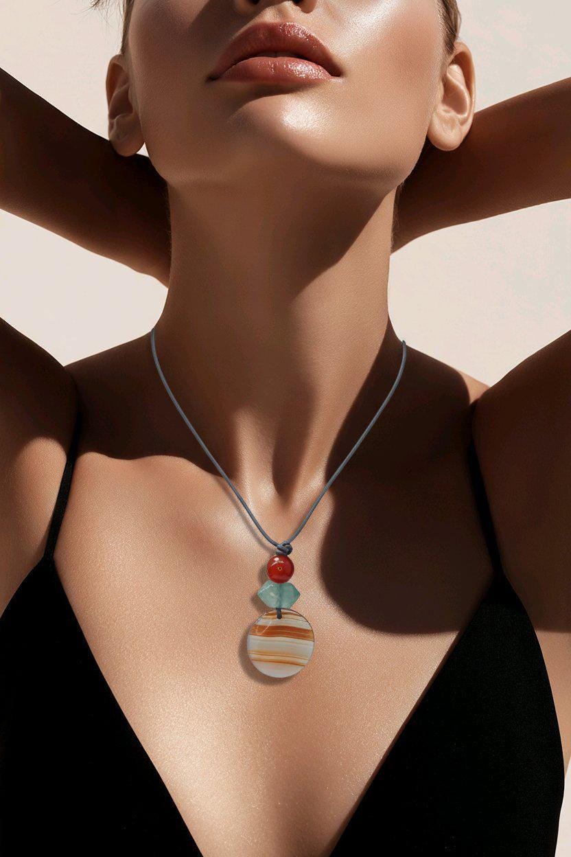 Striped Agate Necklace, Red Carnelian Chunky Geometric Pendant, Fluorite Birthstone Crystal Jewelry, Adjustable Leather Cord