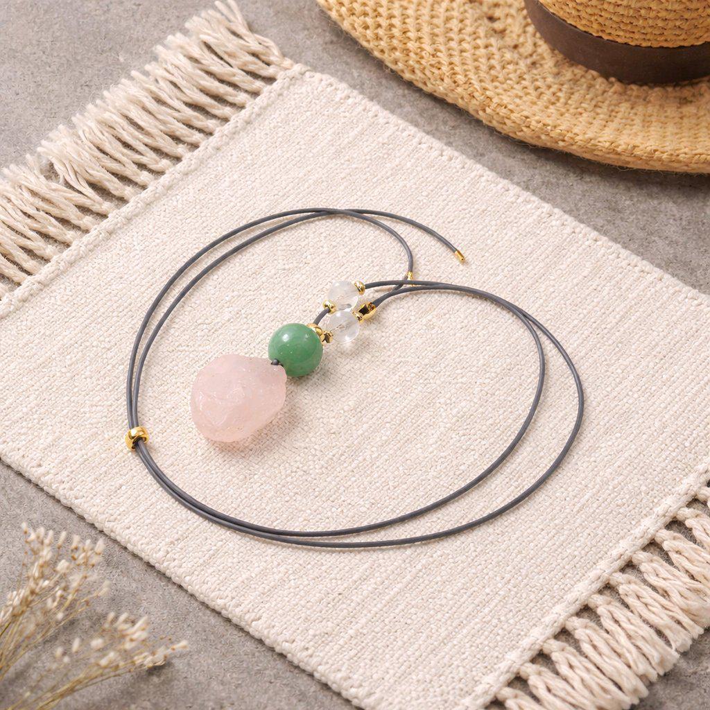 Rose Quartz Necklace Green Aventurine Chunky Raw Crystal Pendant for Women, Love and Luck Jewelry, Adjustable Leather Cord