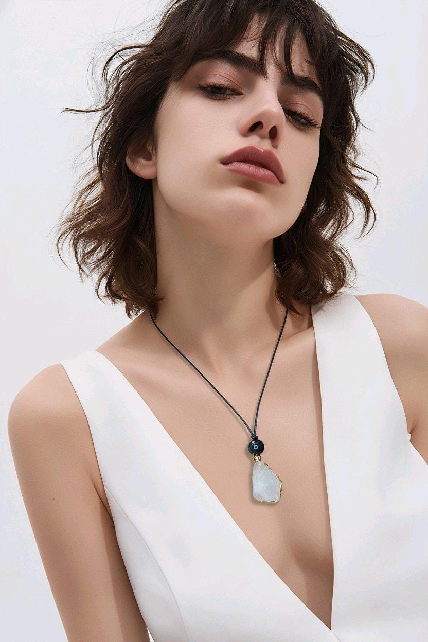 Clear Quartz Pendant Necklace, Chunky Geometric Obsidian Healing Crystal Jewelry, Adjustable Leather Cord