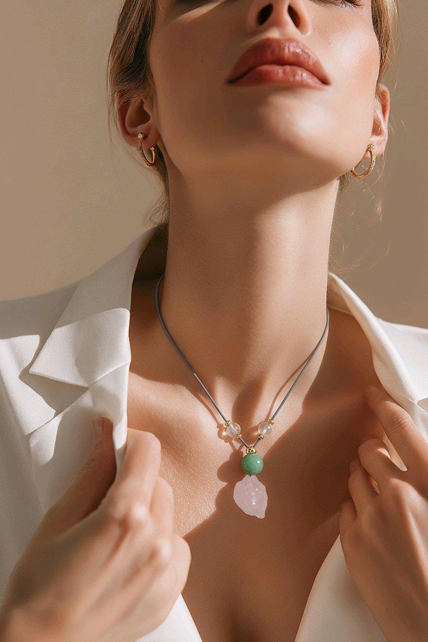 Rose Quartz Necklace Green Aventurine Chunky Raw Crystal Pendant for Women, Love and Luck Jewelry, Adjustable Leather Cord