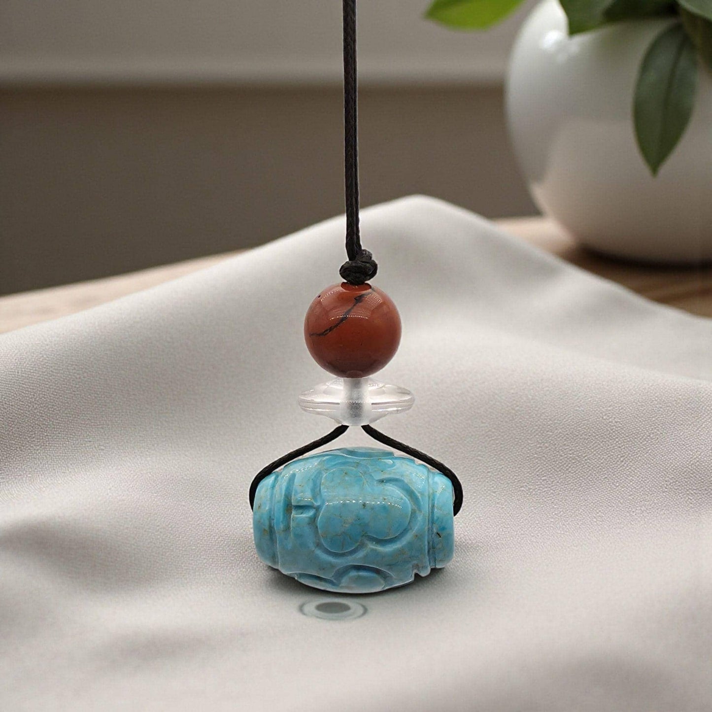 Turquoise Necklace Boho Large Chunky Jasper Pendant | Hand-Carved Natural Stone | Adjustable Leather Cord Long Chain up to 30" #22337