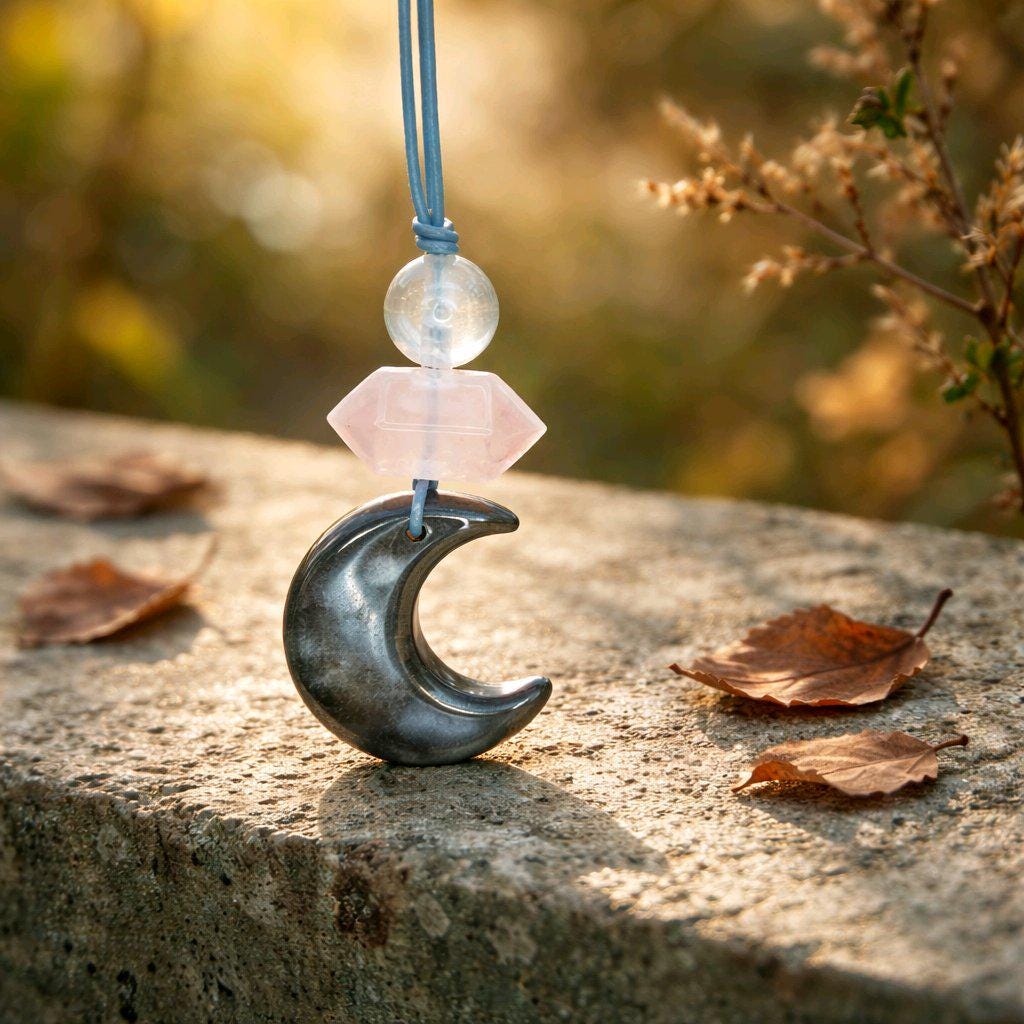 Obsidian Moon necklace Chunky Geometric Rose Quartz Pendant. Adjustable leather cord up to 24 inches, Crescent Jewelry Protective Obsidian.