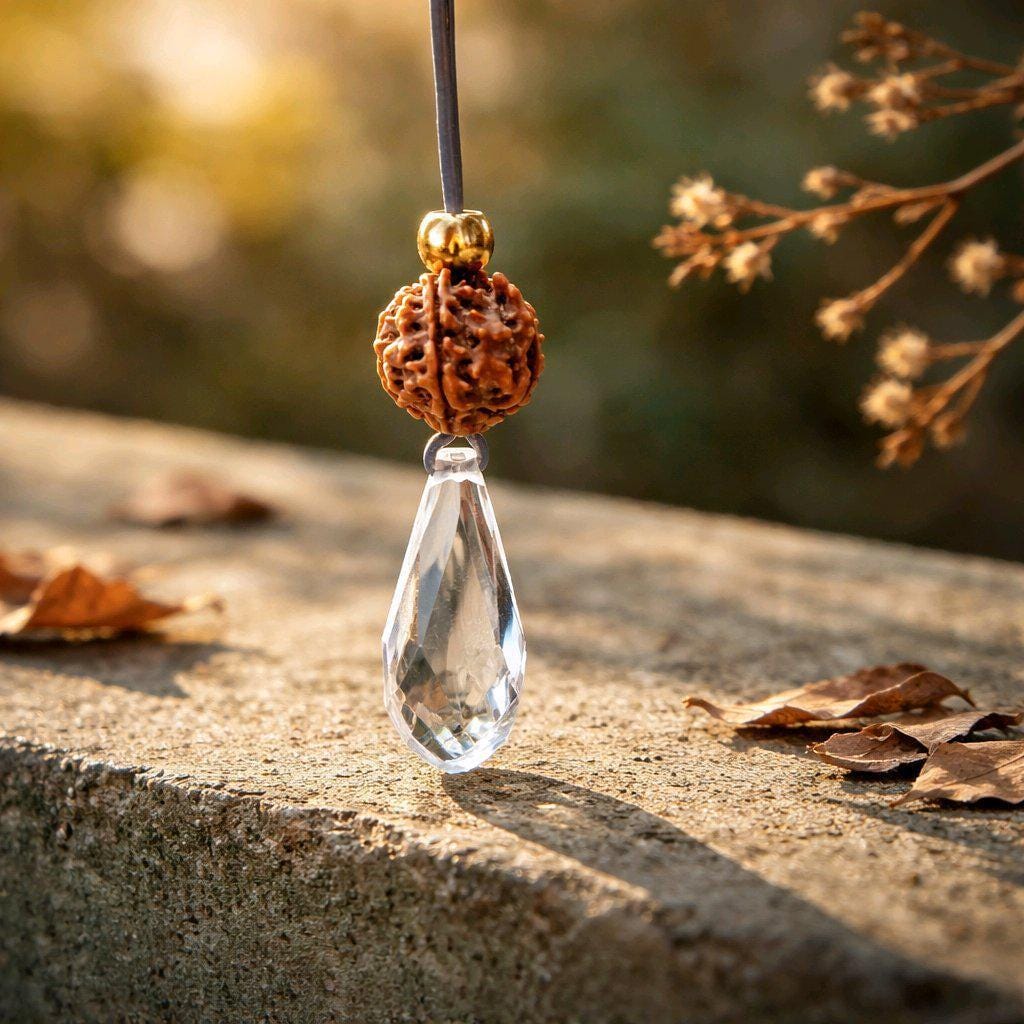 Clear Quartz Point Necklace, Chunky Rudraksha Seed Zen Jewelry, Spiritual Meditation Amulet Pendant, Adjustable Leather Cord