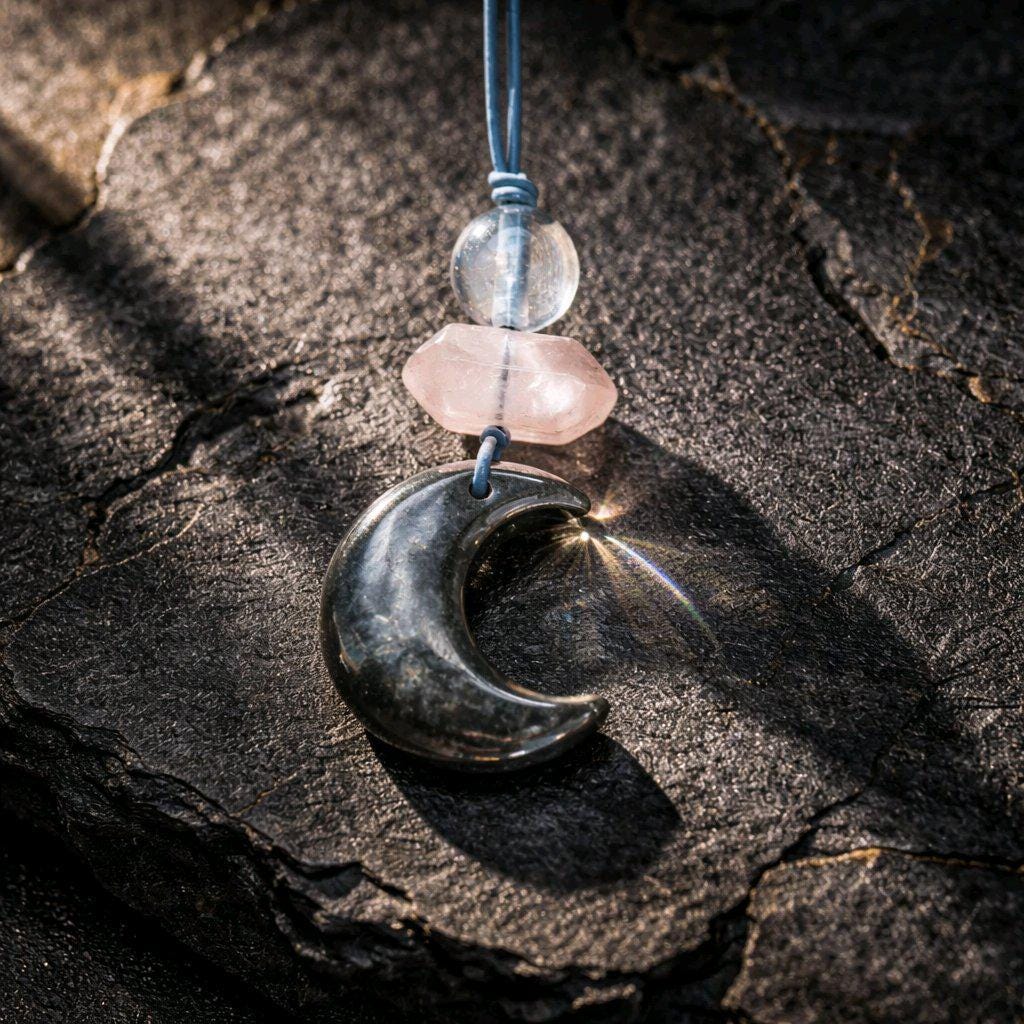 Obsidian Moon necklace Chunky Geometric Rose Quartz Pendant. Adjustable leather cord up to 24 inches, Crescent Jewelry Protective Obsidian.