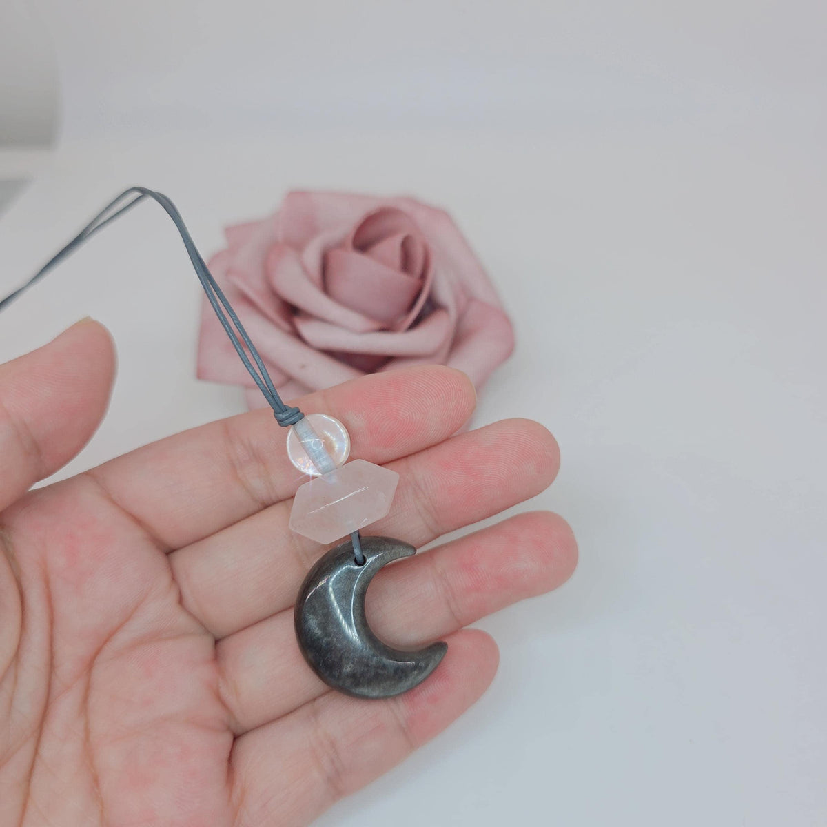 Obsidian Moon necklace Chunky Geometric Rose Quartz Pendant. Adjustable leather cord up to 24 inches, Crescent Jewelry Protective Obsidian.