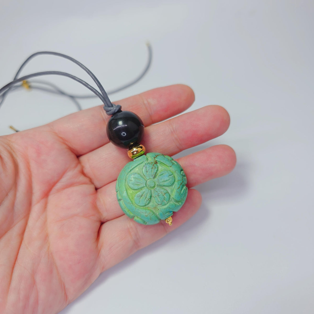 Turquoise Flower Necklace, Chunky Obsidian Protection Jewelry, Hand Carved Totem Crystal Pendant, Adjustable Leather Cord
