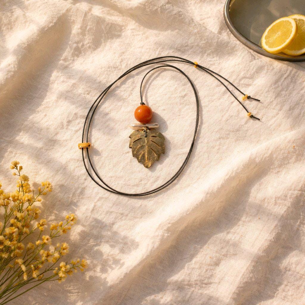 Red Carnelian Pearl Shell Leaf Necklace, Chunky Geometric Jewelry, July Birthstone Gift for Her, Adjustable Leather Cord