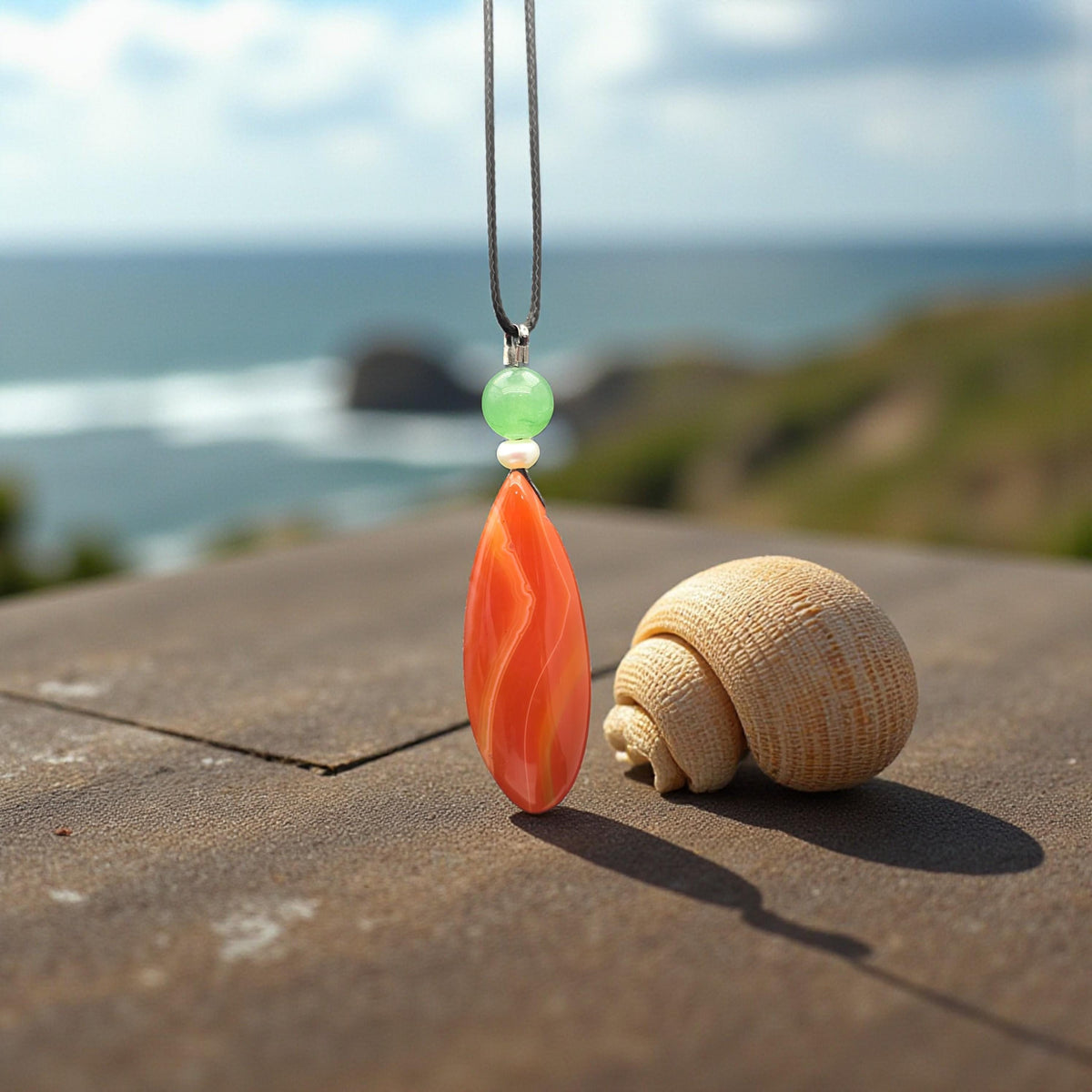Red Orange Agate Teardrop Necklace, Green Aventurine & Pearl, Adjustable Black Cord, Luck and Calming Energy chunky stone jewelry #2326