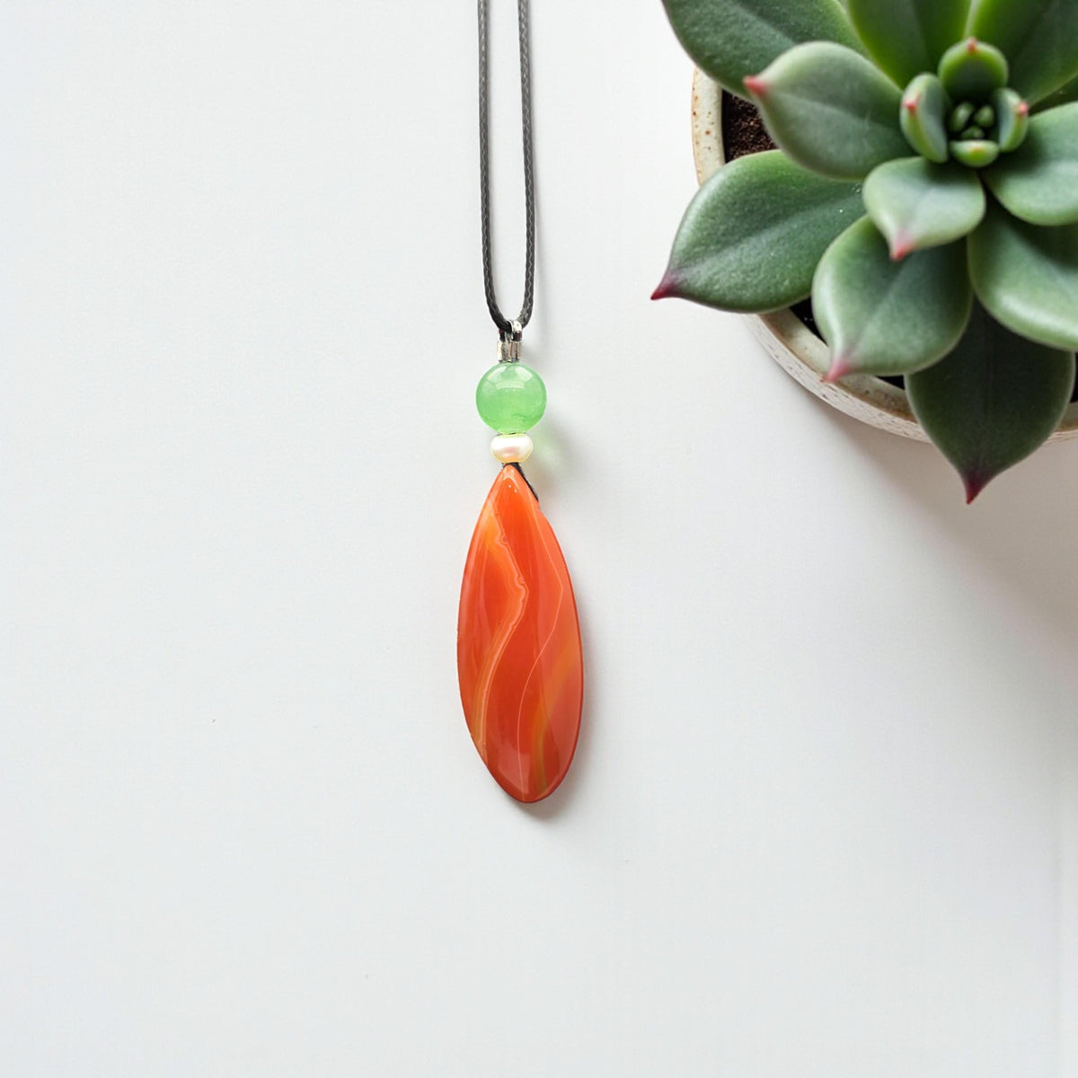 Red Orange Agate Teardrop Necklace, Green Aventurine & Pearl, Adjustable Black Cord, Luck and Calming Energy chunky stone jewelry #2326