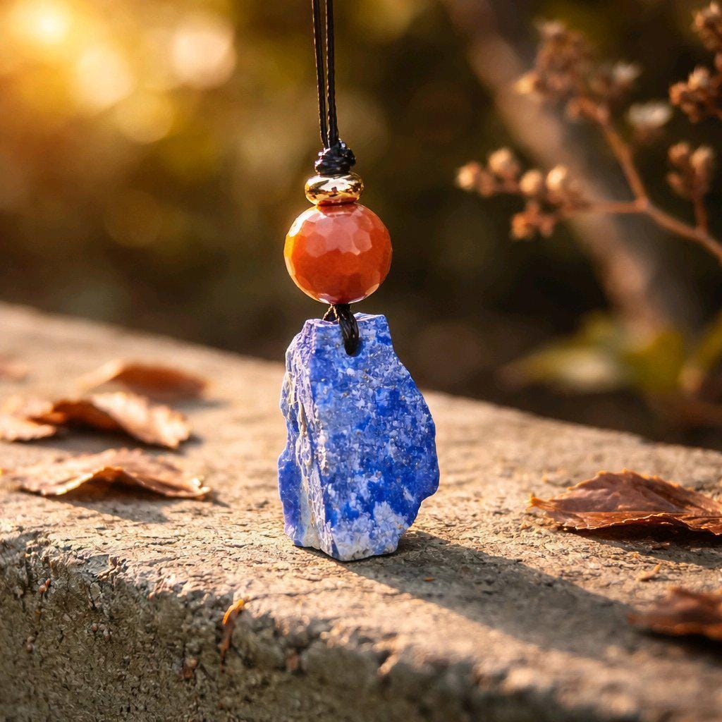Raw Chunky Lapis Lazuli Necklace Geometric Red Jasper Boho Pendant 30-inch adjustable Vegan Leather Cord