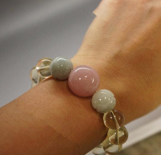 Citrine Bracelet: Rose Quartz & Jade Lotus Flower Beads chunky chunky stone jewelry #2171