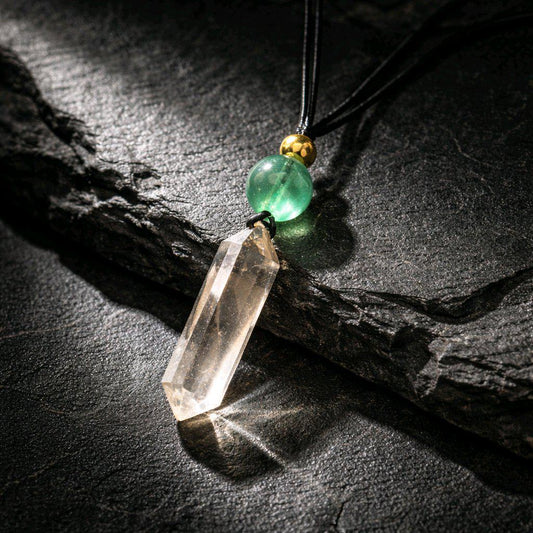 Chunky Smoky Quartz Necklace Quartz Point Green Fluoride Pendant Leather Adjustable Cord Up To 30 inches Crystal Healing Geometric Stone