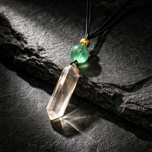 Chunky Smoky Quartz Necklace Quartz Point Green Fluoride Pendant Leather Adjustable Cord Up To 30 inches Crystal Healing Geometric Stone