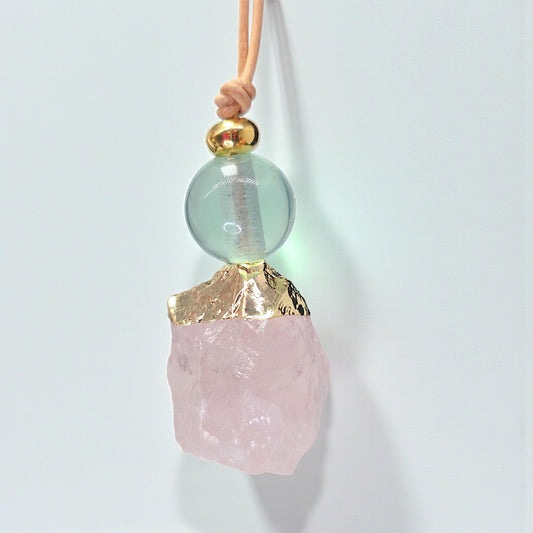 Rose Quartz Necklace, Raw Fluorite Chunky Crystal Pendant, Pink Stone Spiritual Jewelry, Love Healing Gift, adjustable leather cord