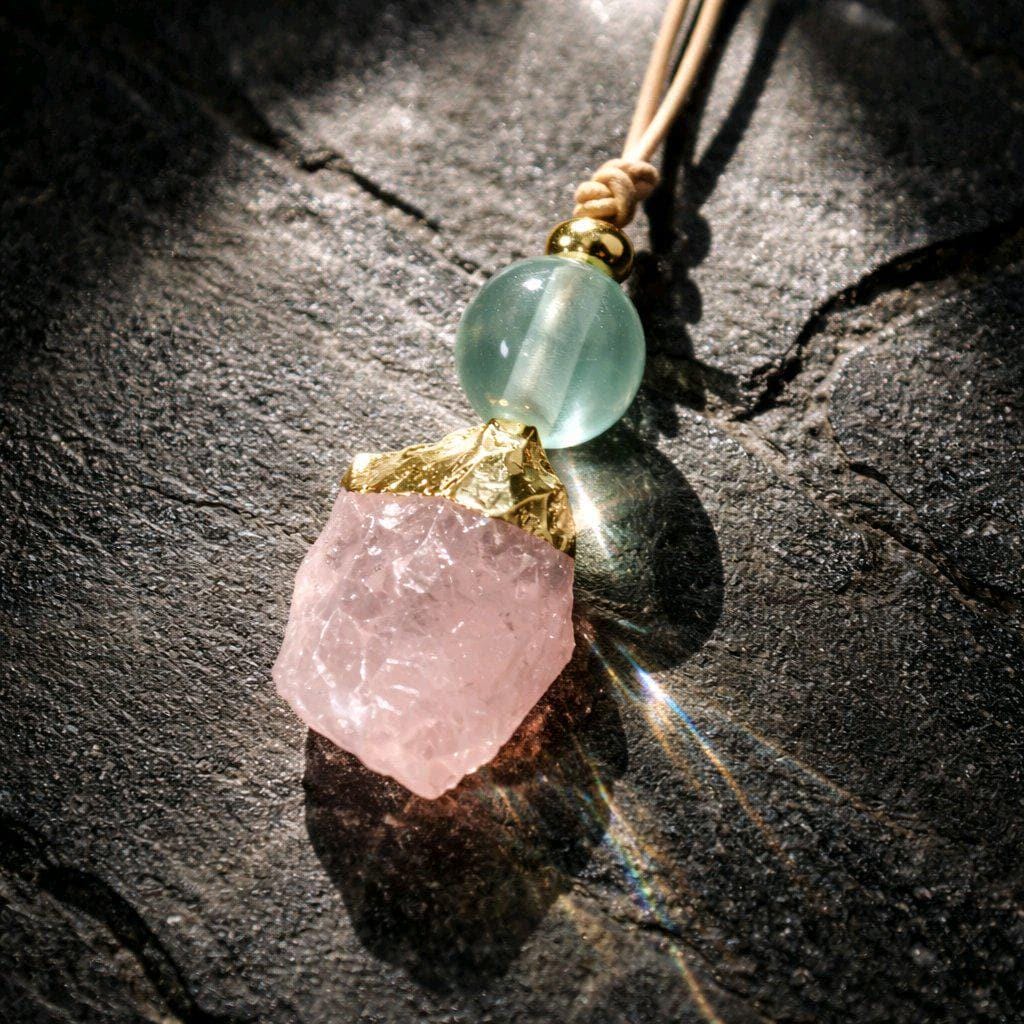 Rose Quartz Necklace, Raw Fluorite Chunky Crystal Pendant, Pink Stone Spiritual Jewelry, Love Healing Gift, adjustable leather cord