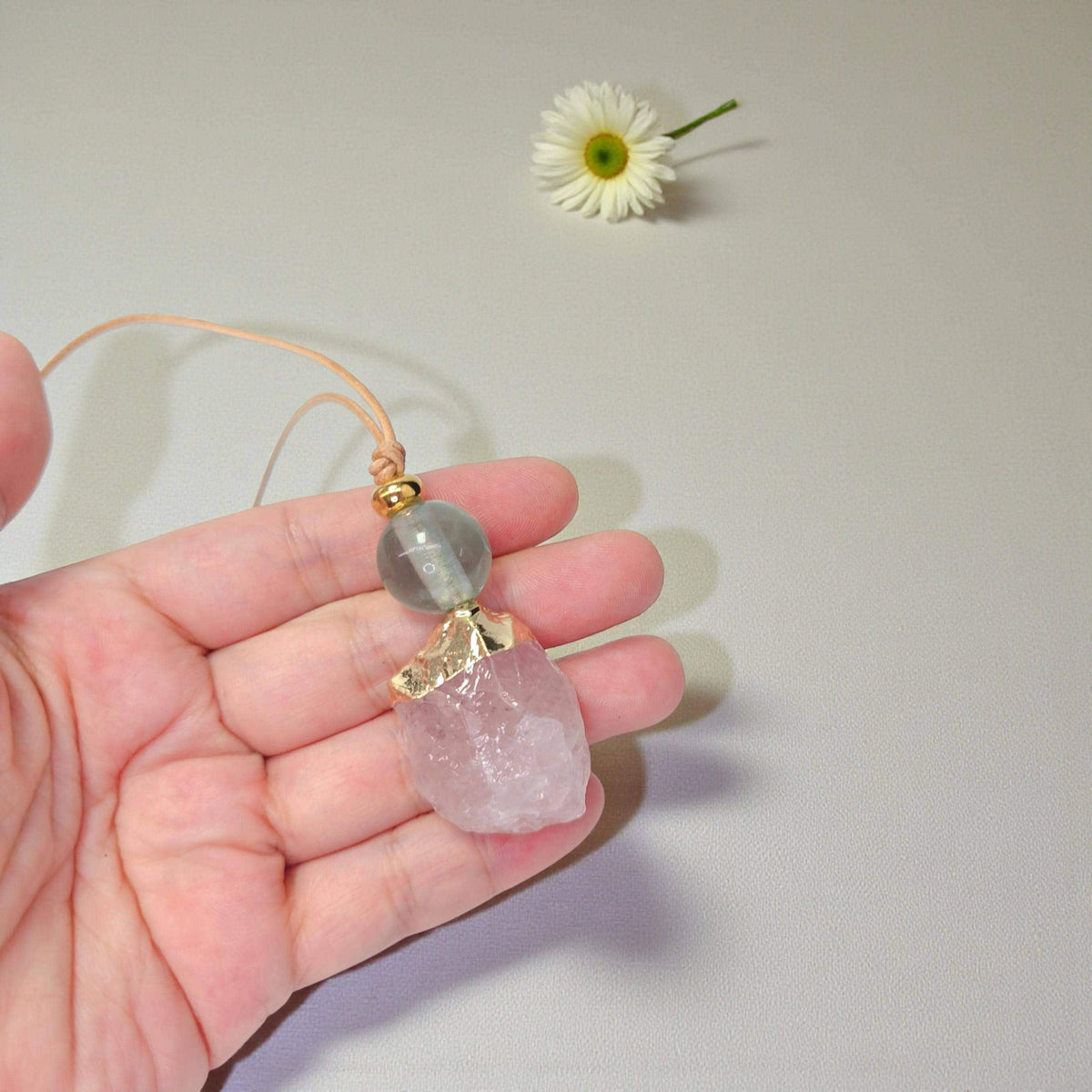 Rose Quartz Necklace, Raw Fluorite Chunky Crystal Pendant, Pink Stone Spiritual Jewelry, Love Healing Gift, adjustable leather cord