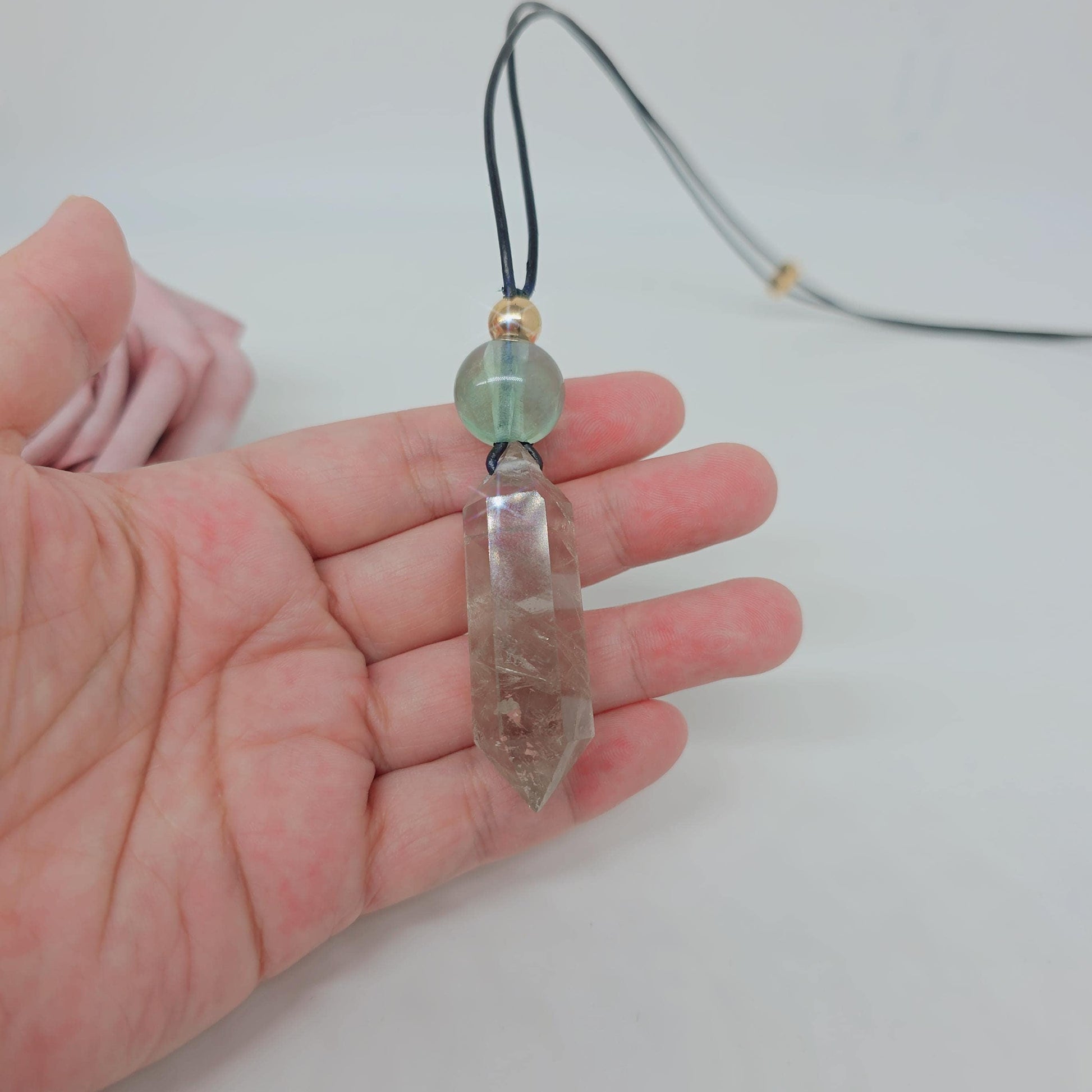 Chunky Smoky Quartz Necklace Quartz Point Green Fluoride Pendant Leather Adjustable Cord Up To 30 inches Crystal Healing Geometric Stone