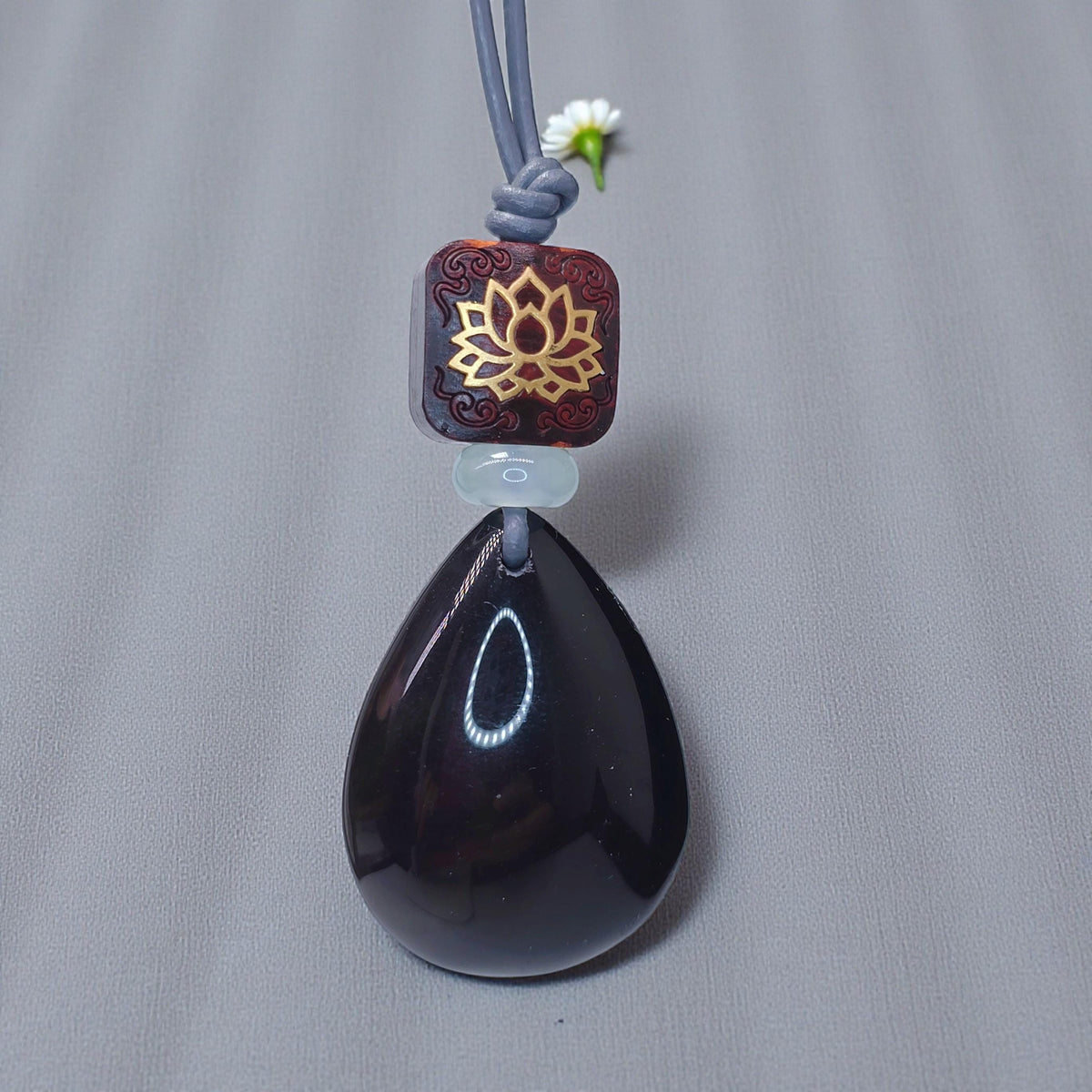 Obsidian Lotus Necklace, Red Sandalwood Chunky Geometric Pendant, Jade Birthstone Protection Jewelry, Adjustable Leather Cord
